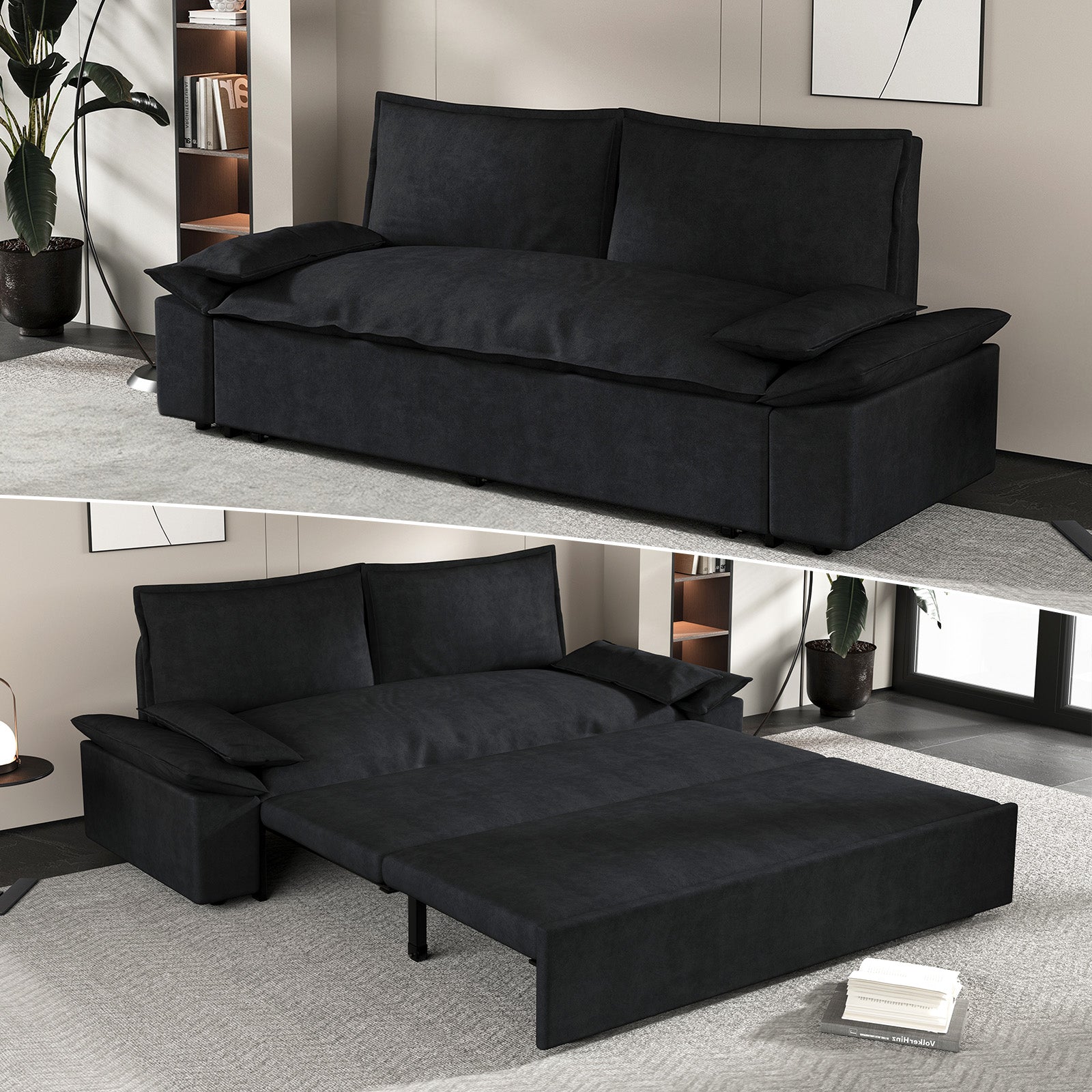 3 in 1 Sleeper Sofa Couch Bed Queen Size Pull Out Sofa Bed Convertible Futon Velvet Loveseat Chaise Lounge 2 Seat for Living Room Apartment Small Space