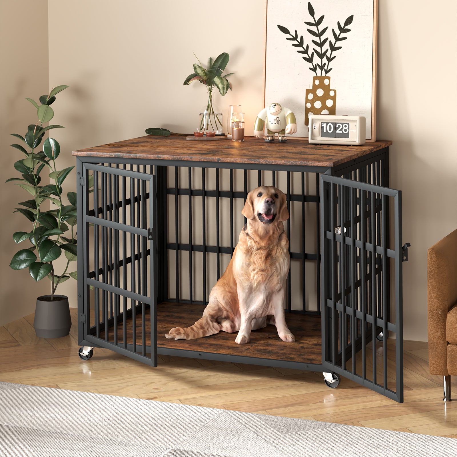 Dog Crate Furniture, Dog Crates for Large Dogs, Medium Dogs, Dogs Up to 70 lbs, Heavy Duty Dog Crate, 2 Doors with Side Openings, 4 Wheels, Dog Kennel Indoor