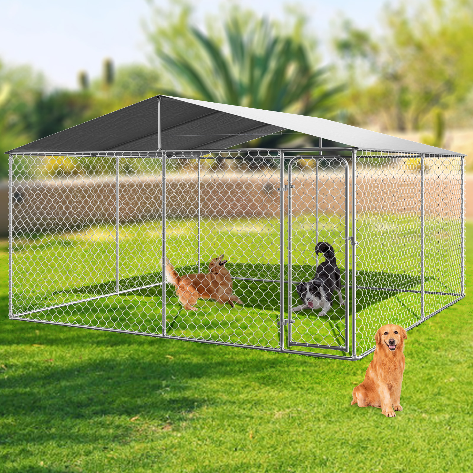 Outside Dog Kennel with Roof, Extra Large Outdoor Dog Kennel Dog Run Fence, Heavy Duty Dog Playpen with Waterproof UV-Resistant Cover for Large Dogs