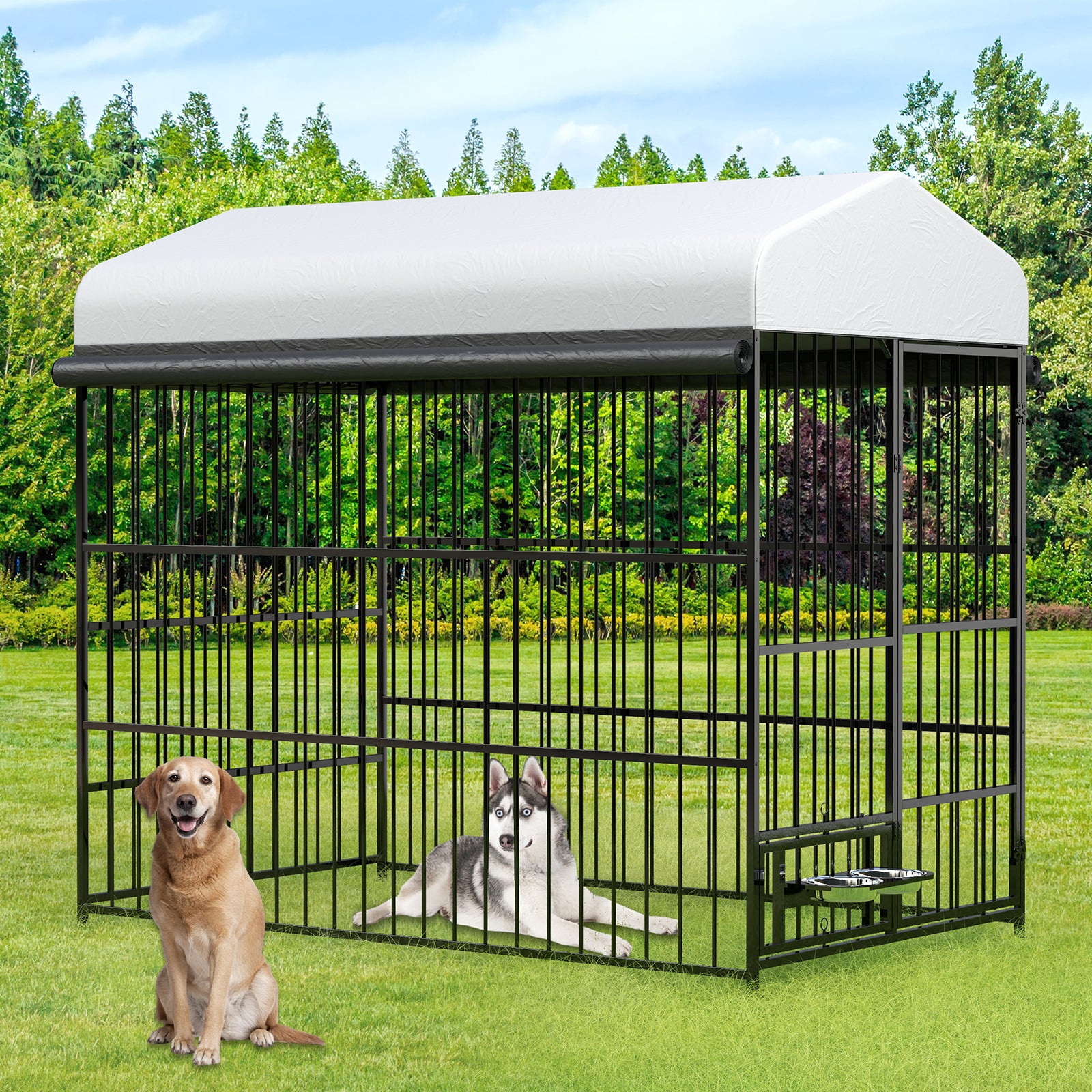 Dog Run Enclosure with 2 Rotating Bowl & UV-Resistant Cover Outdoor Dog Kennel with Roof, Dog Kennel Outside Heavy Duty Dog Playpen for Small Medium Large Dogs
