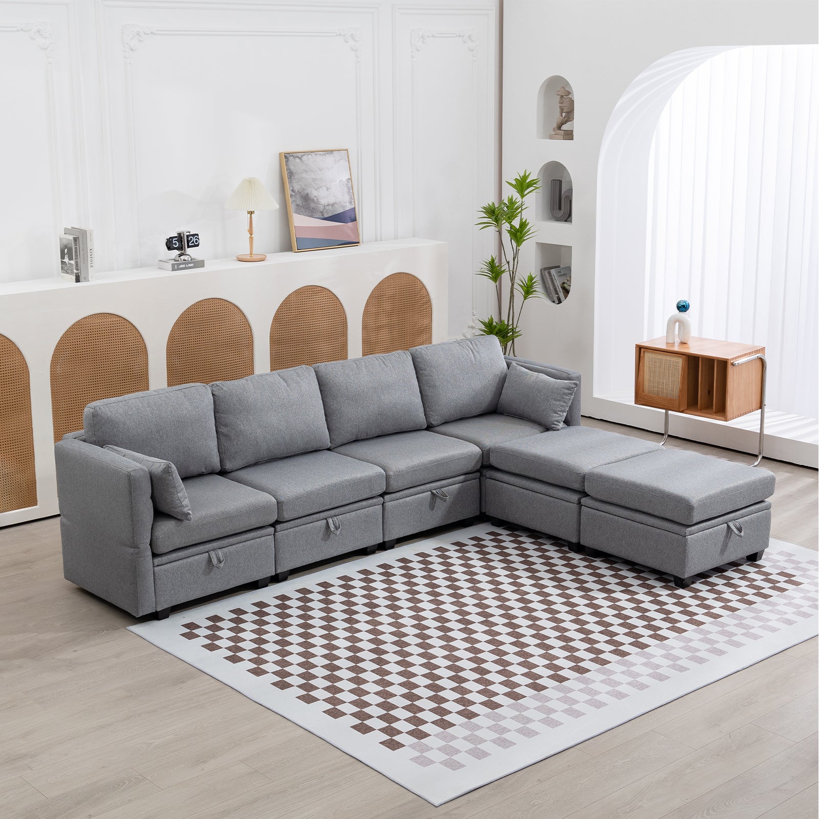 L Shaped Sectional Couch with Storage for Living Room, 6 Seat Modular Sofa, Modern Fabric Settee Sleeper with Double Ottoman & Memory Foam