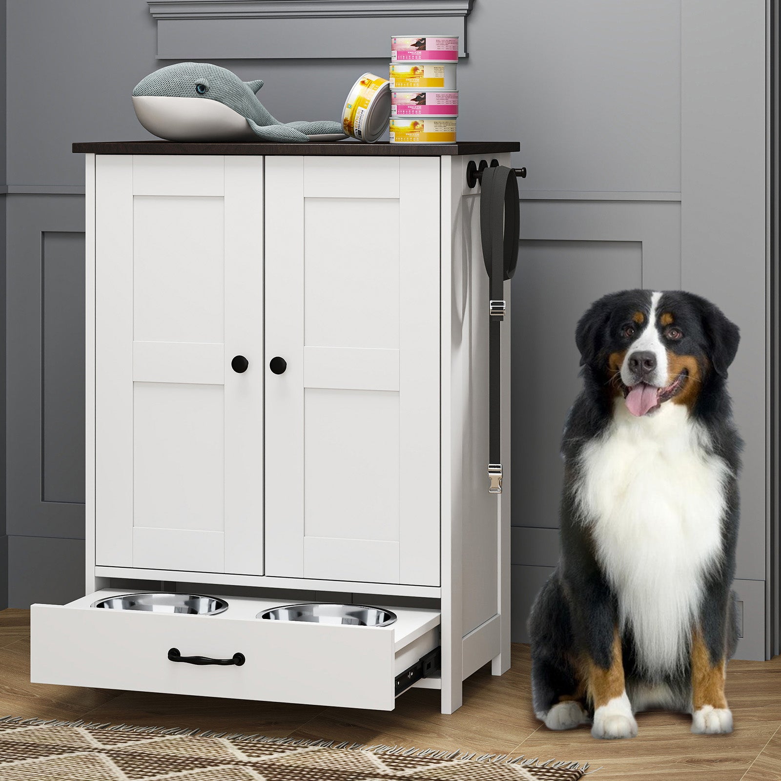 Pet Feeding Station with Bowls, Dog Food Storage Cabinet,  Adjustable Panel, Dog Feeding Station with Storage, Pet Feeder Station for Dogs Cats for Feeding & Watering Supplies, White