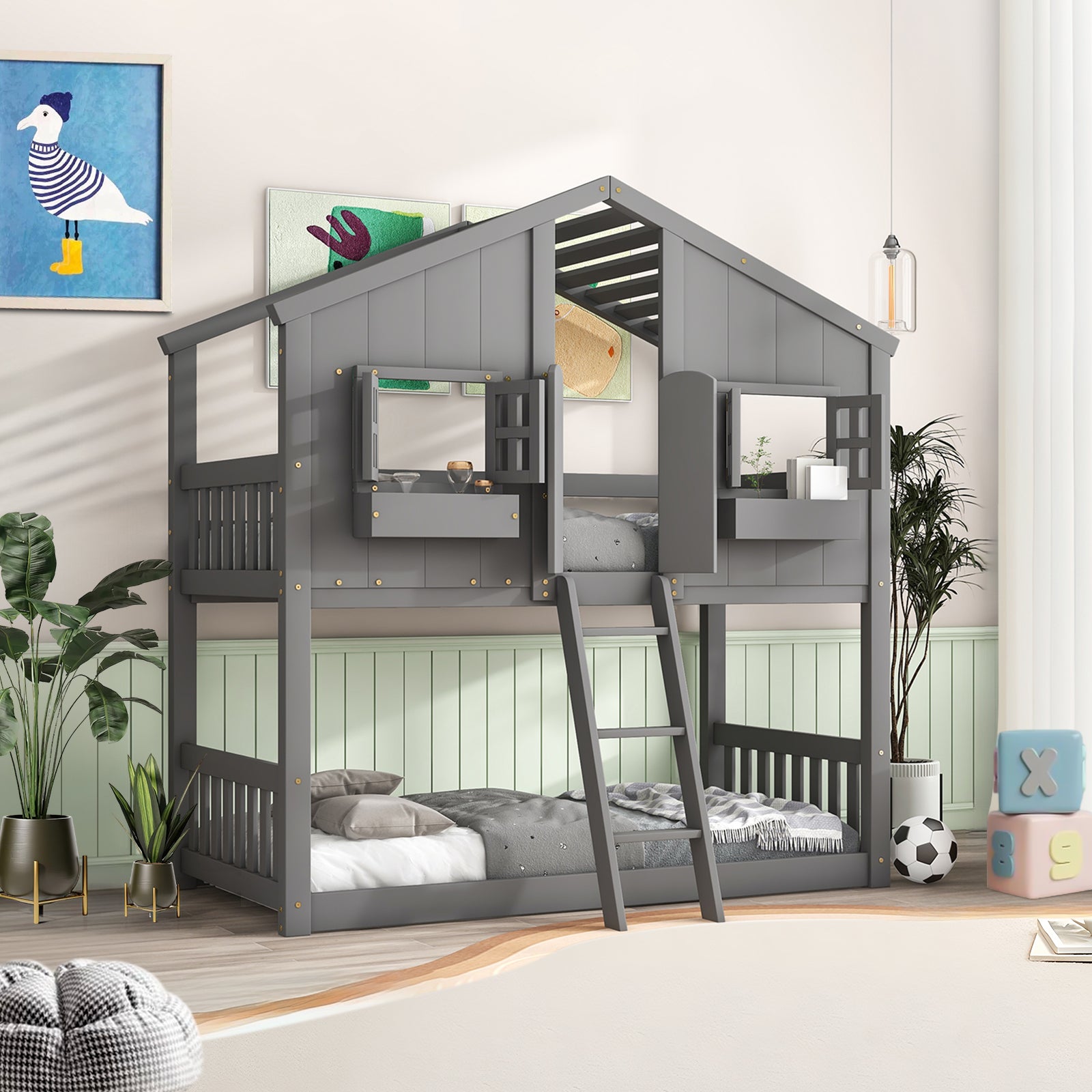 Wood Twin Over Full House Bunk Beds for Kids Twin Over Twin with Stairs Wood Farmhouse with Door Windows Ladder, No Box Spring Needed, Easy Assembly