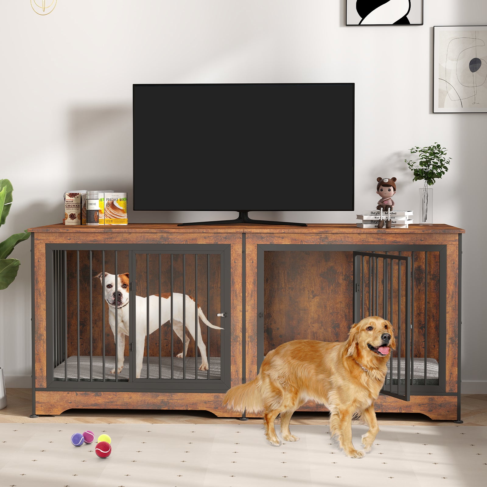 Dog Crate TV Stand, 75 Inch, Double Dog Crate, Dog Crate Furniture for 2 Dogs, Dog Kennel Indoor with Double Doors, Dog Cage with Removable Divider for Large Medium Dogs