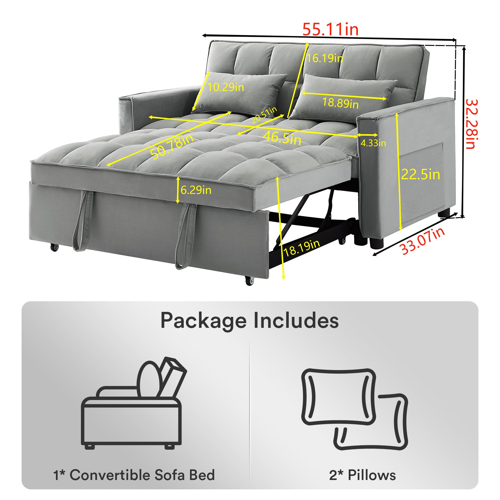 3 in 1 Sleeper Sofa Couch Bed Convertible Futon Loveseat Pull Out Sofa Bed Velvet 2 Seat Lounge For Living Room with Adjustable Backrest 2 Pillows