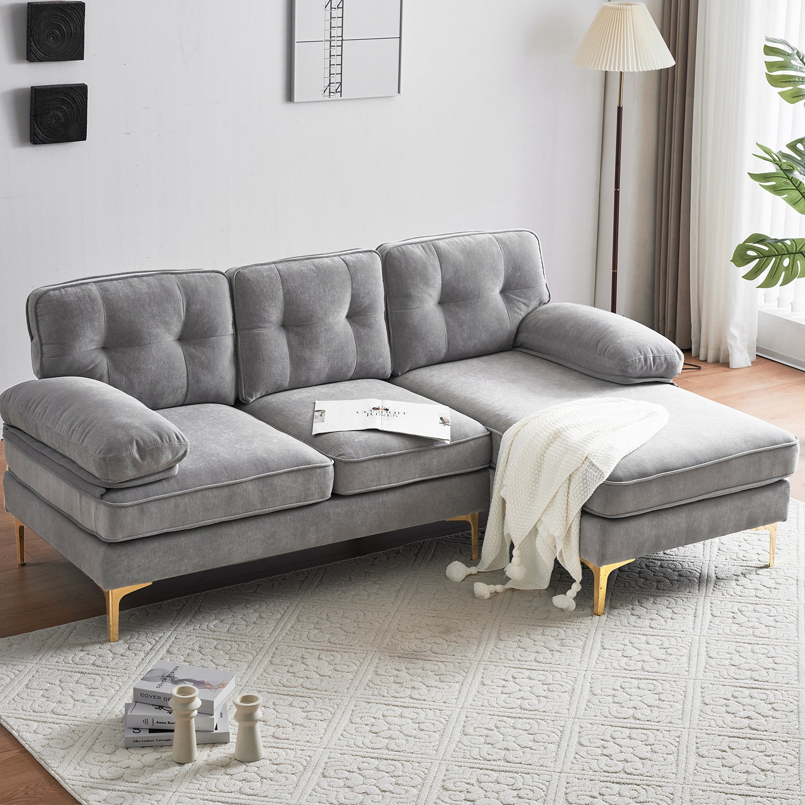 83 Inch Modern L Shaped Couch with Chaise, Velvet Loveseat Sectional, Mid Century Comfy Sofa for Living Room, Small Spaces with Removable Cover