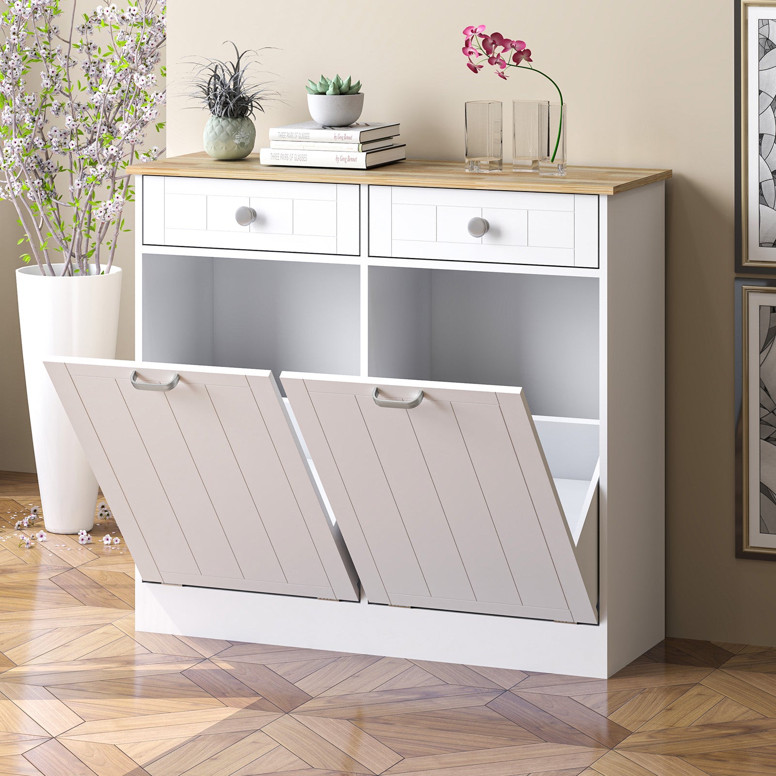 Double Tilt Out Trash Cabinet with Storage 2 Drawers Multifunctional 20 Gallons Hidden Garbage Can for Kitchen, Bathroom, Laundry and Living Room