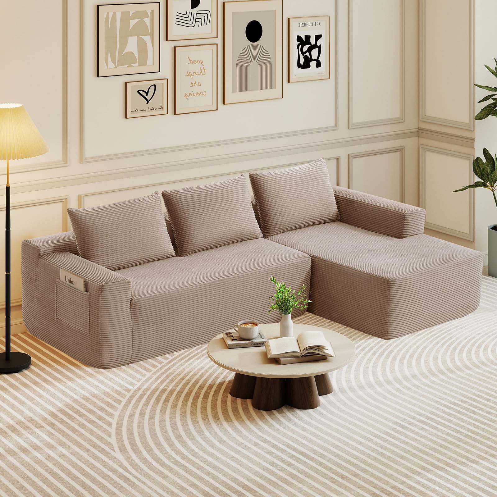 Rovibek 97” Couches for Living Room, L Shaped Couch with Deep Seat & Throw Pillow, Comfy Corduroy Fabric Compressed Sofa, No Assembly Required, Camel