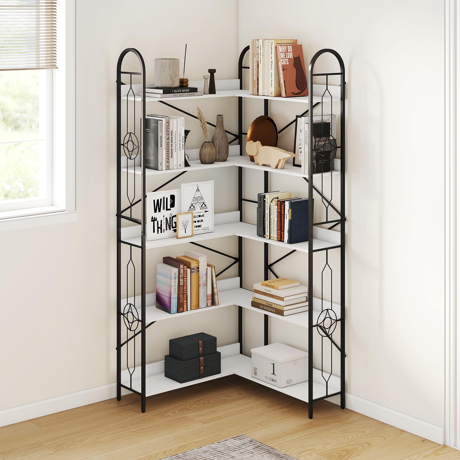 Rovibek 5 Tier Corner Bookshelf, 72" Tall L Shaped Bookcase, Industrial Open Book Shelves for Living Room, Bedroom, Kitchen, Home Office (White)