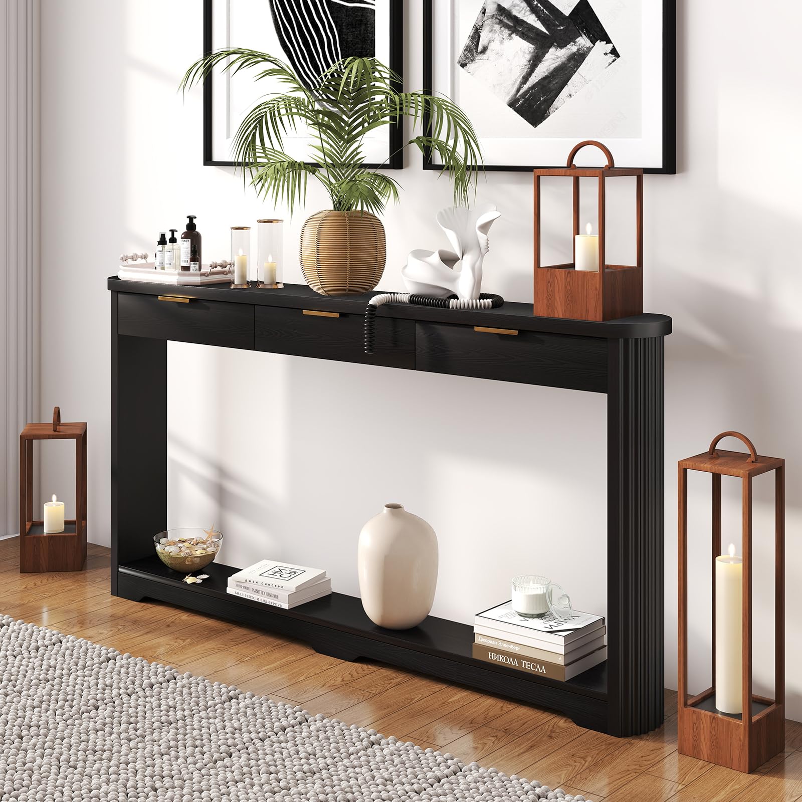 Rovibek Black Entryway Table with Drawers, 70 Inch Fluted Console Table with Storage, Narrow Sofa Tables Behind the Couch, Entry Tables for Living Room, Hallway, Entrance, Foyer
