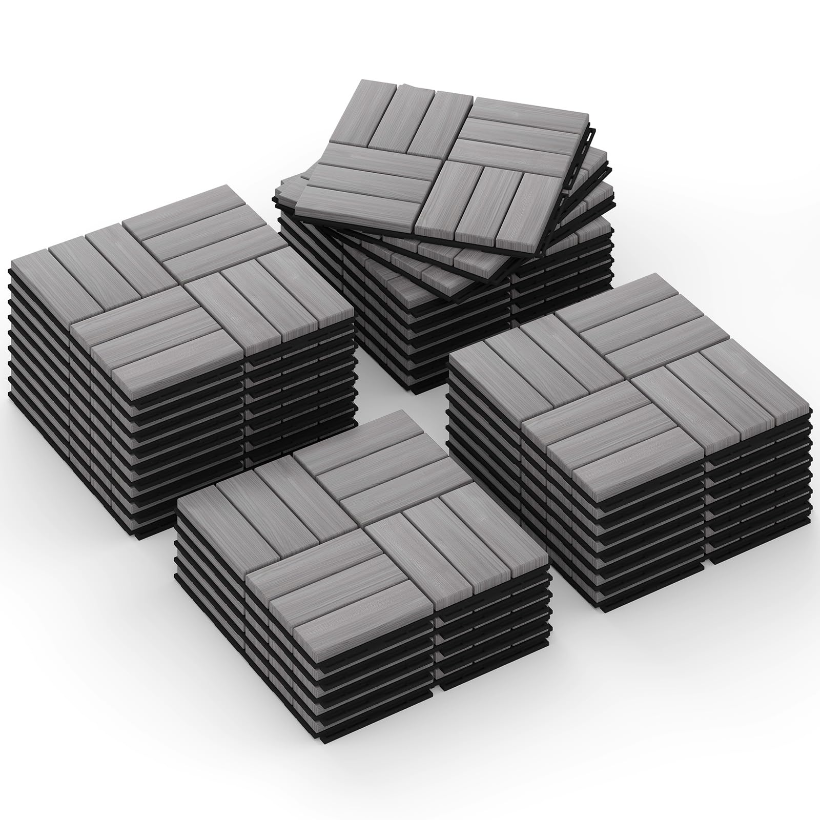 Rovibek Acacia Wood Interlocking Deck Tiles, 30PCS 12"x12" Outdoor Waterproof Decking Tiles, All Weather Use for Balcony Patio Backyard Poolside, Indoor & Outdoor, Checker Gray