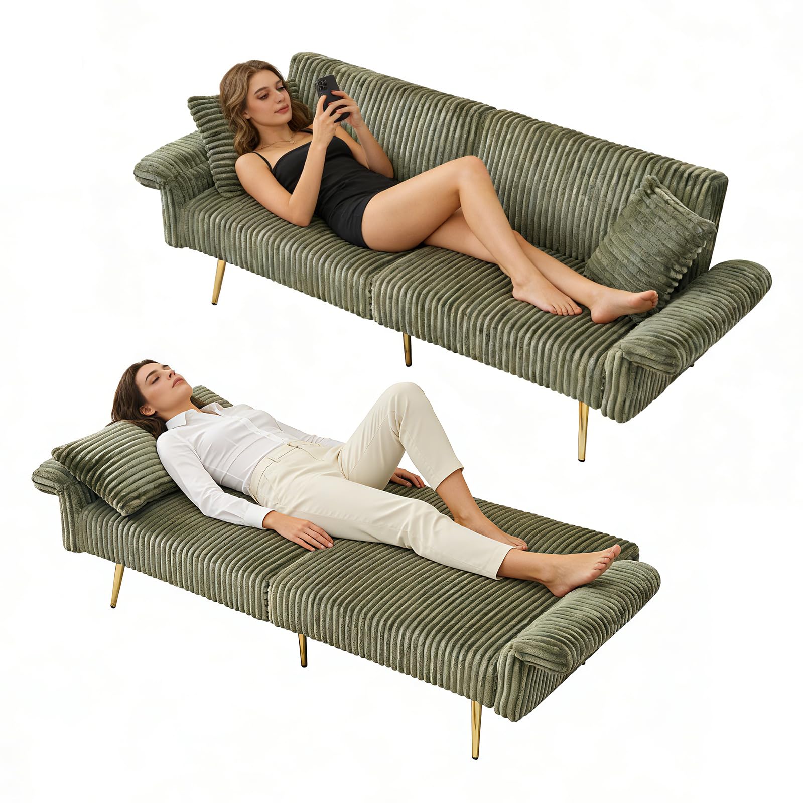 Rovibek Futon Sofa Bed, Convertible Futon Couch Bed with Adjustable Backrest, 2 Pillows, Corduroy Loveseat Futon for Small Spaces, Living Room, Apartment, Office, Green
