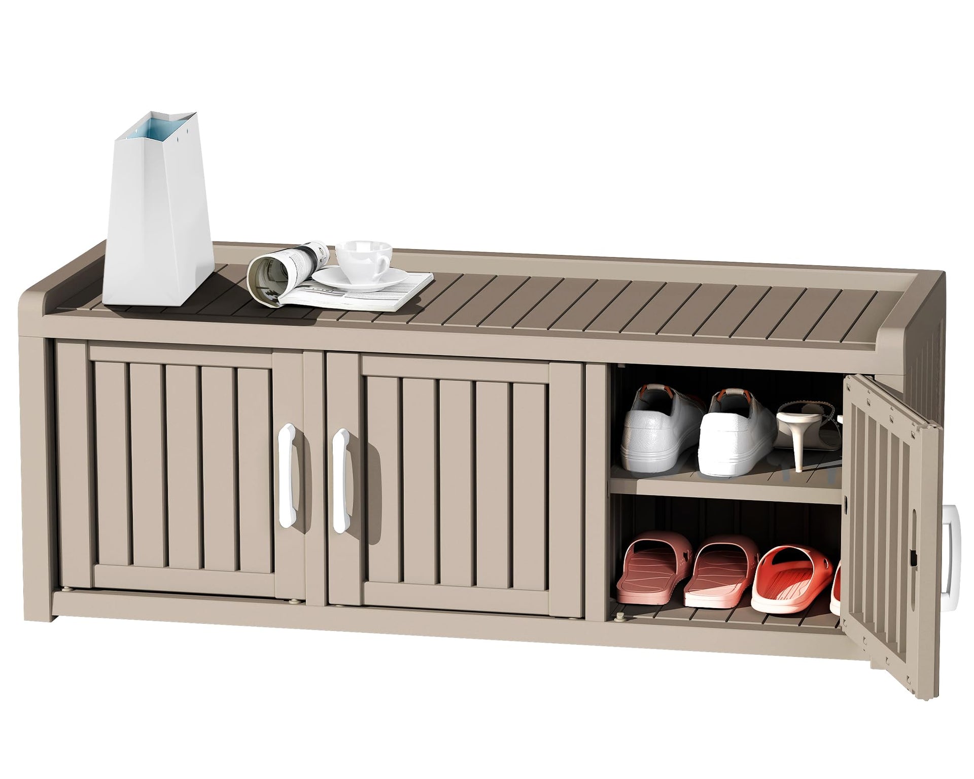 Rovibek Indoor Outdoor Shoe Storage Cabinet for Entryway - Outdoor Shoe Storage Bench Weatherproof with 3 Barn Doors, Waterproof Cabinet for Outside, Porch, Patio, Foyer, Hallway, Grey