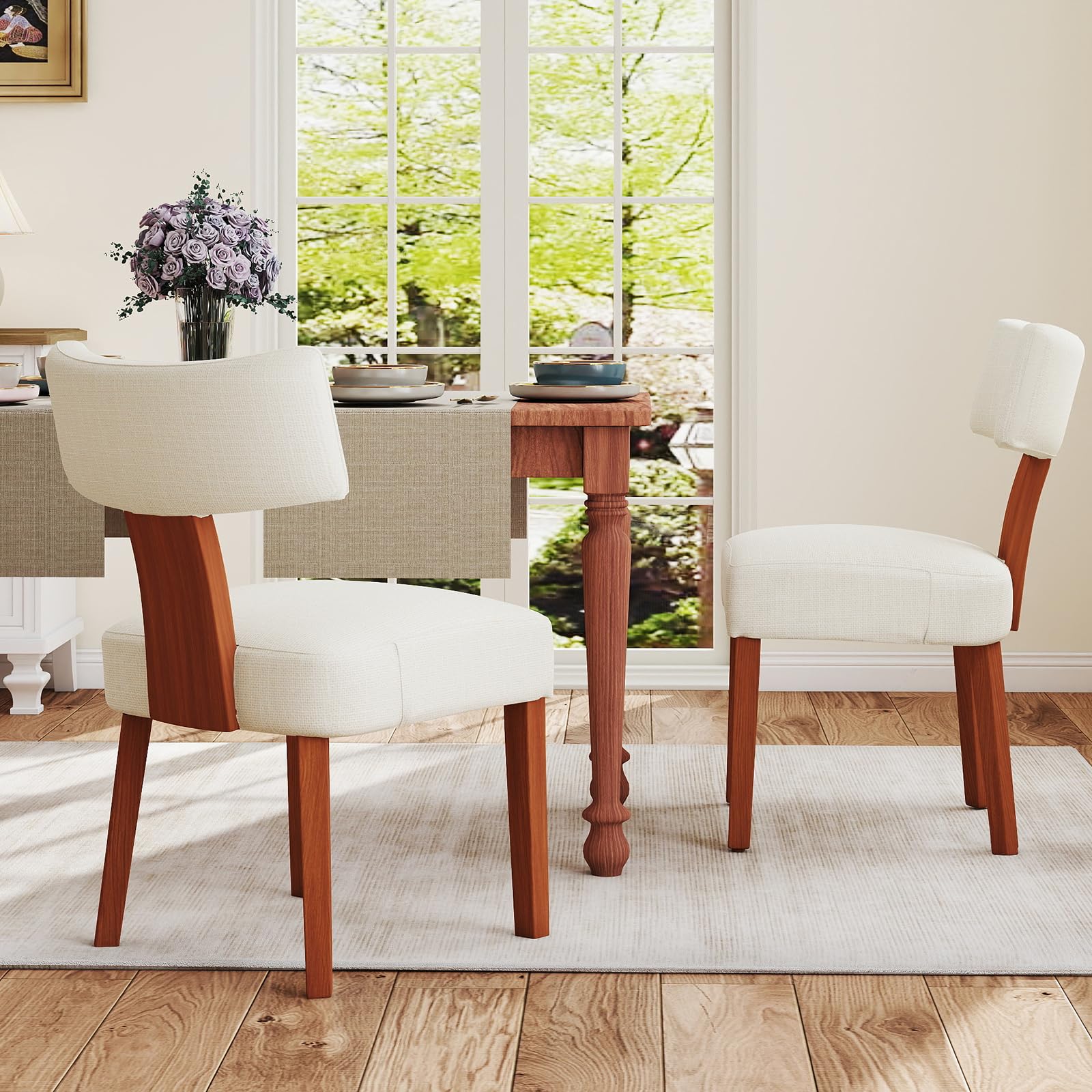 Rovibek Beige Dining Chairs Set of 2-6.3" Upholstered Dining Room Chair, Modern Kitchen Table Chairs Set with Wood Legs and Curved Backrest, Dinner Chairs for Kitchen Table & Restaurant & Cafe
