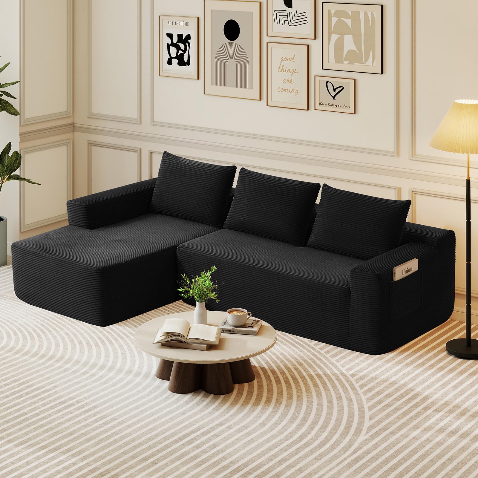 Rovibek 97" Black L Shaped Couch, Modular Sectional Sofa with Chaise, Memory Foam Compressed Sofa with Deep Seat, No Assembly Required