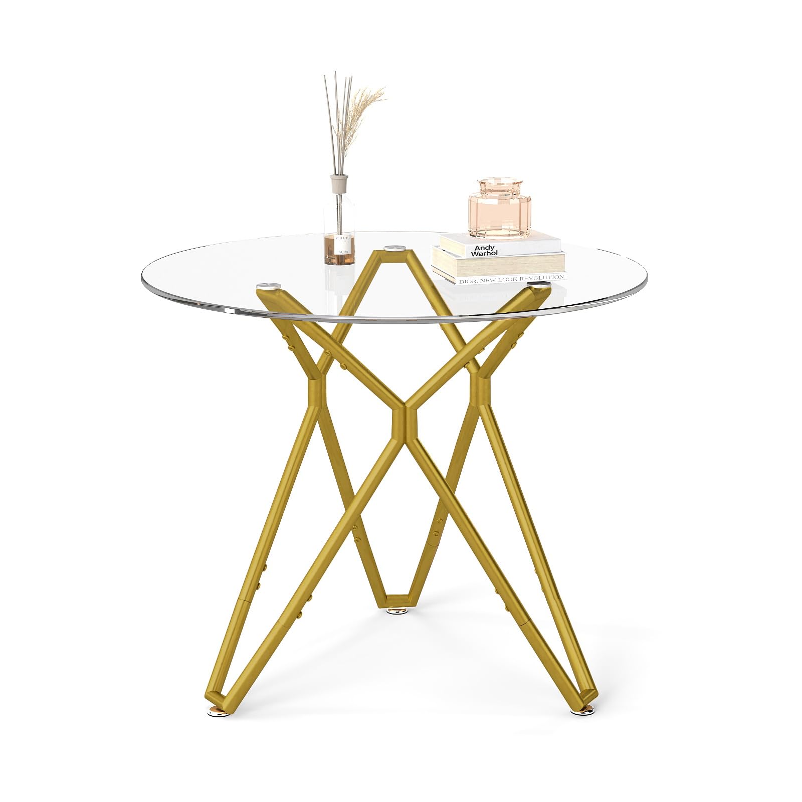 Rovibek 36” Round Glass Dining Table for 1-4 People with Sturdy Metal Legs – Space-Saving Design for Apartment, Dining Room and Kitchen, Gold