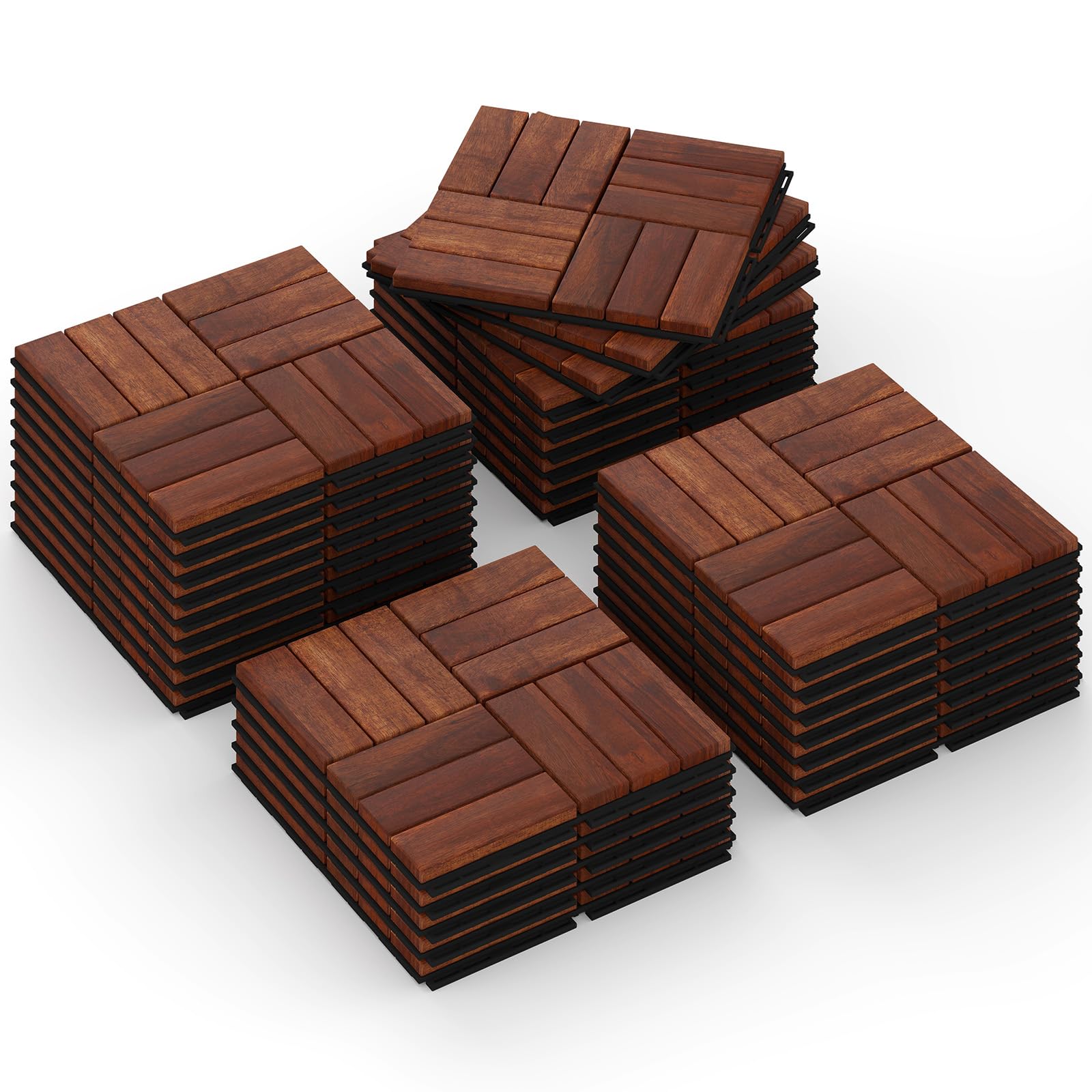 Rovibek Acacia Wood Interlocking Deck Tiles, 30PCS 12"x12" Outdoor Waterproof Decking Tiles, All Weather Use for Balcony Patio Backyard Poolside, Indoor & Outdoor, Checker Brown