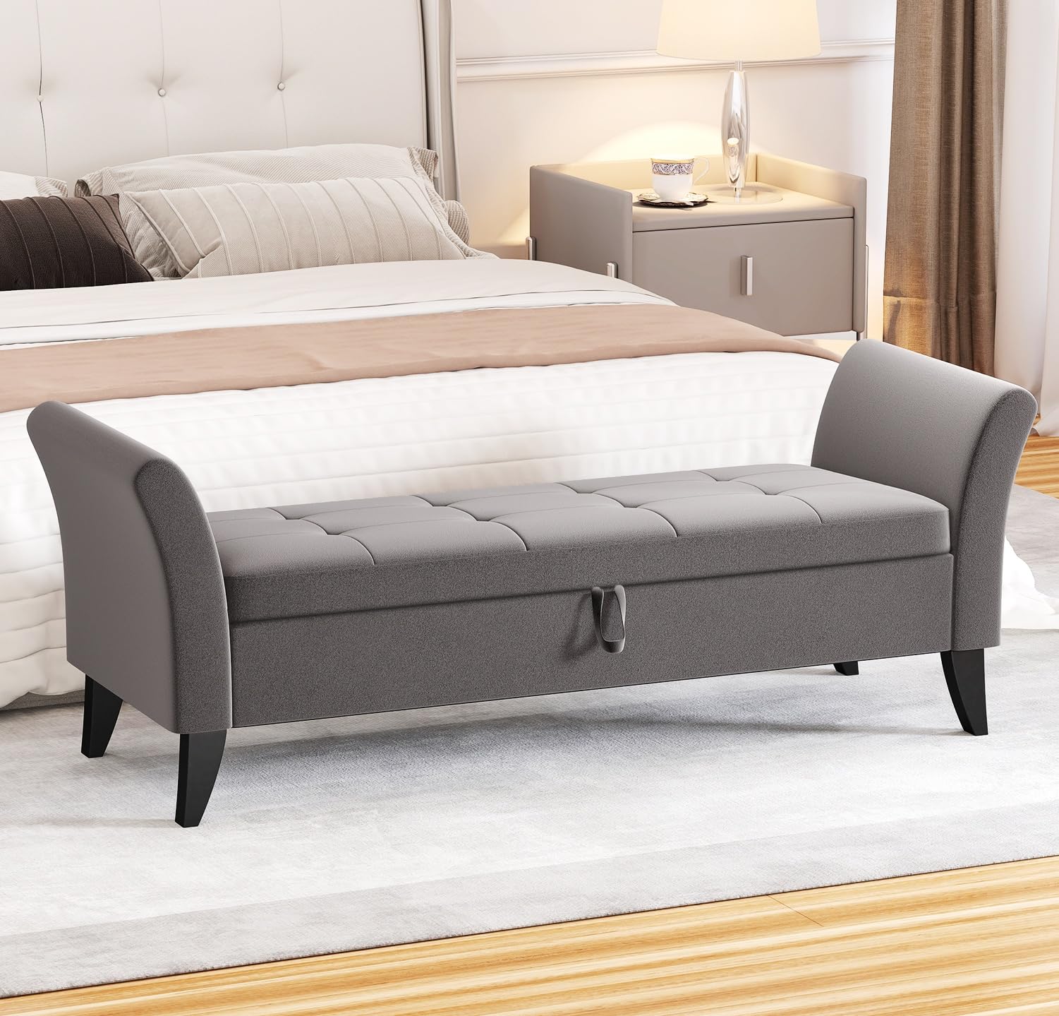 Rovibek 51" Storage Ottoman Bench, Velvet End of Bed Bench Bedroom Bench, Upholstered Window Benches with Solid Wood Legs and Curved Armrests for Bedroom, Living Room, Entryway, Grey
