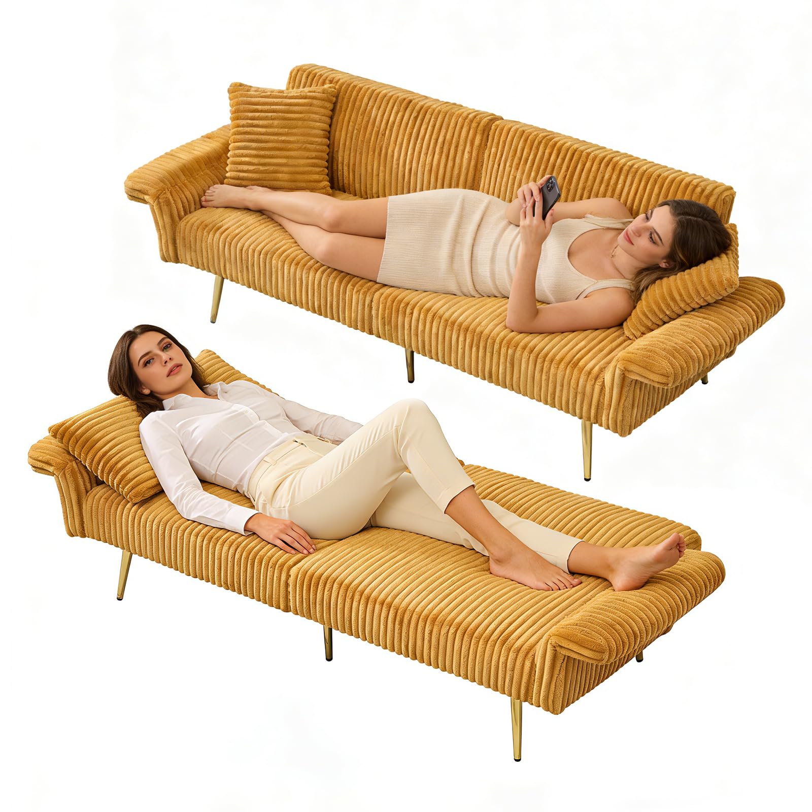 Rovibek Futon Loveseat Sofa Bed, Modern Corduroy Futon Couch with Adjustable Backrest, 2 Pillows, Convertible Futon Sofa for Small Spaces Living Room, Apartment, Guest Room, Yellow