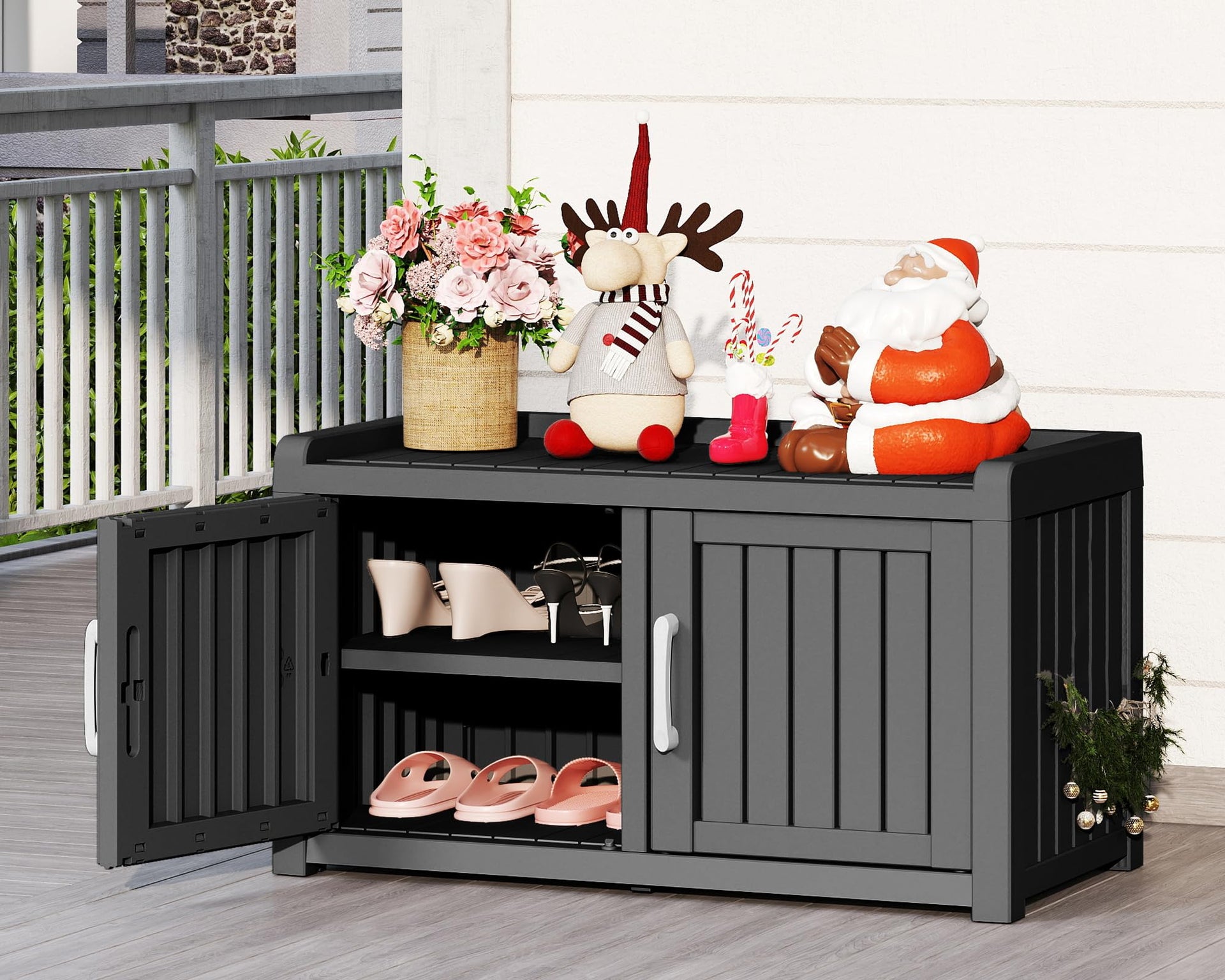 Rovibek Indoor Outdoor Shoe Storage Cabinet for Entryway - Outdoor Shoe Rack Weatherproof with 2 Barn Doors, Waterproof Cabinet for Outside, Porch, Patio, Foyer, Hallway, Black