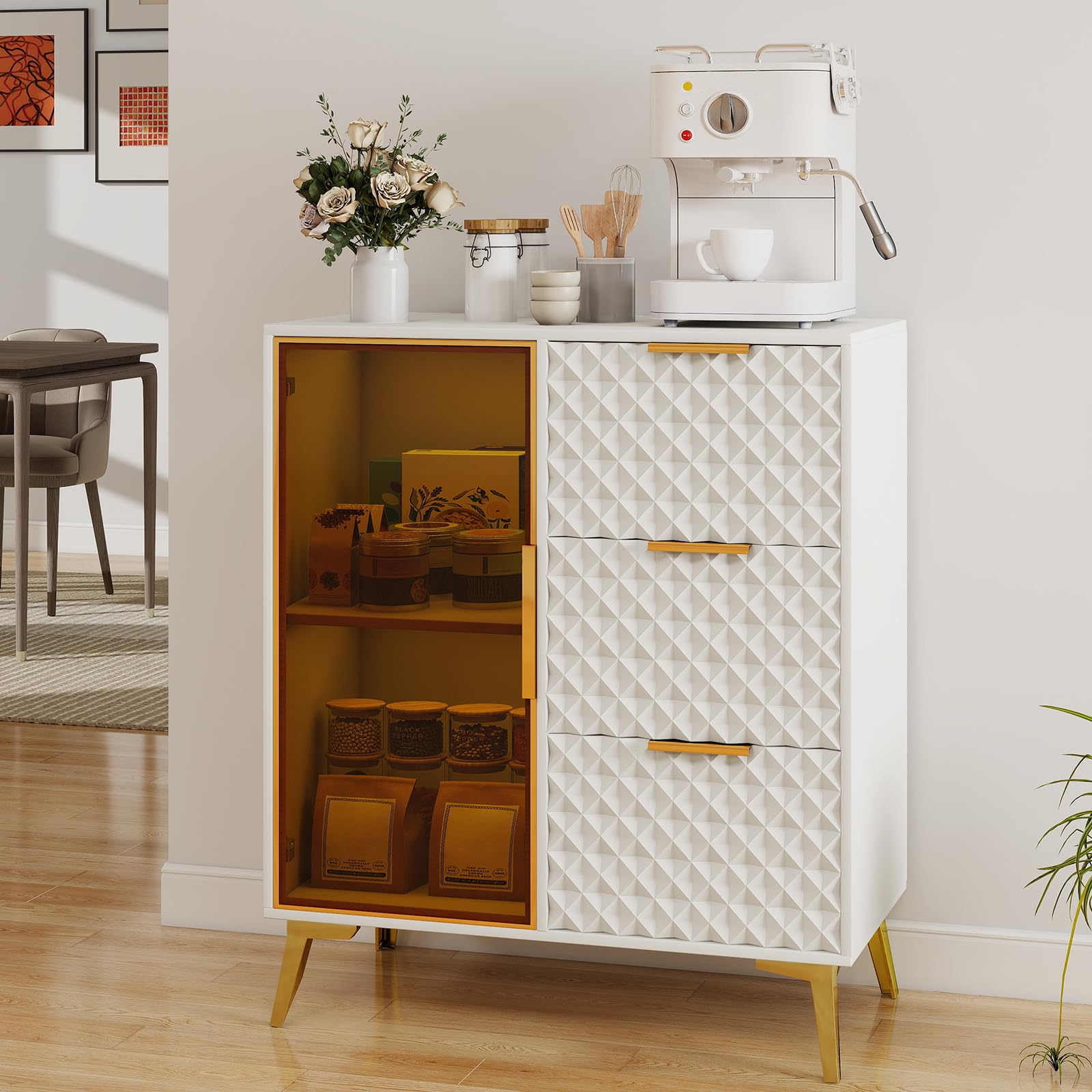 Rovibek Modern Sideboard Cabinet with Storage, Small Kitchen Buffet Cabinet with Glass Door & 3 Drawers, 31" Accent Sideboard Buffet for Kitchen, Living Room, White
