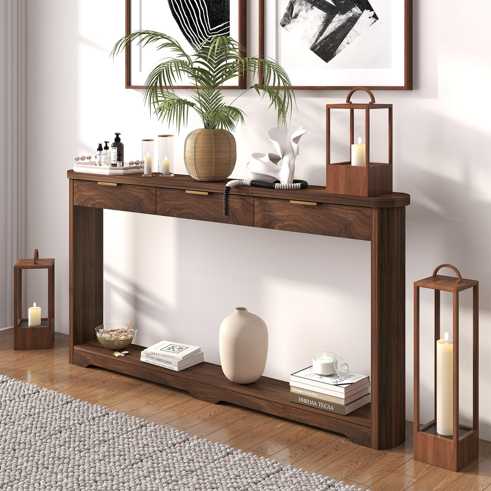 Rovibek Entryway Table with Drawers, 70 Inch Fluted Walnut Console Table with Storage, Narrow Sofa Tables Behind the Couch, Entry Tables for Living Room, Hallway, Entrance, Foyer