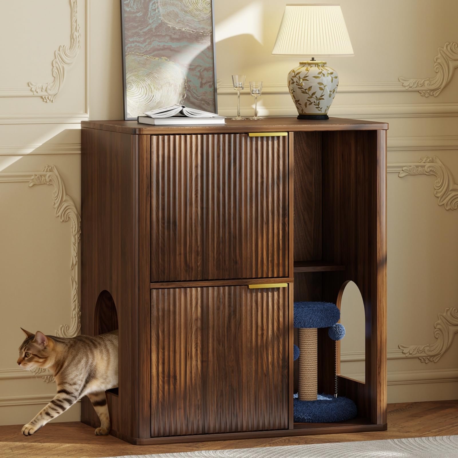 Rovibek Double Cat Litter Box Enclosure Furniture, Fluted Hidden Litter Box Enclosure for 2 Cats with Double Room, Mid Century Dual Cat Litter Cabinet with Scratching Post, Dangling Ball, Walnut