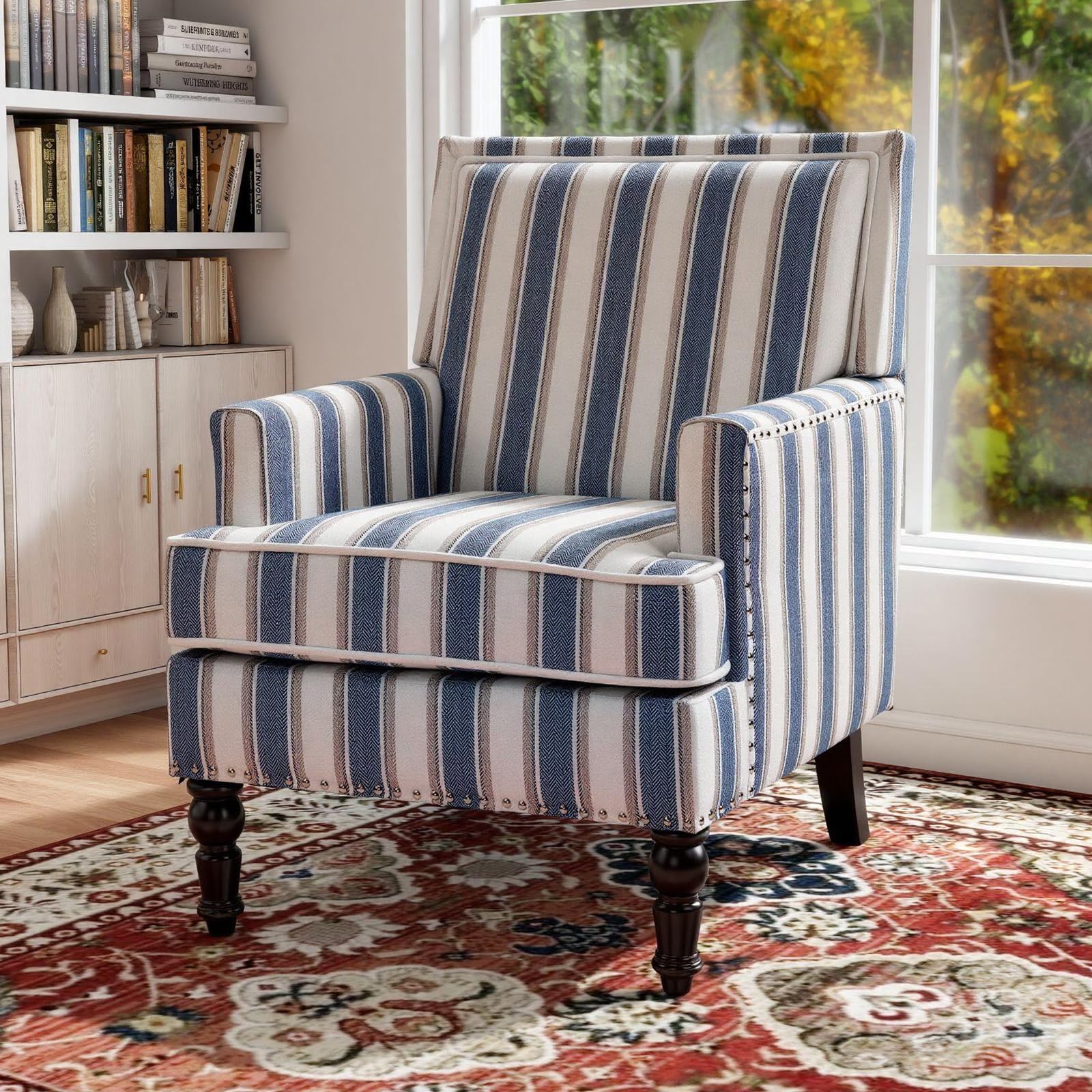 Rovibek Midcentury Modern Accent Chair - High Back Living Room Chairs, Upholstered Armchair with Solid Legs, Blue Striped Accent Chair for Living Room, Bedroom, Balcony