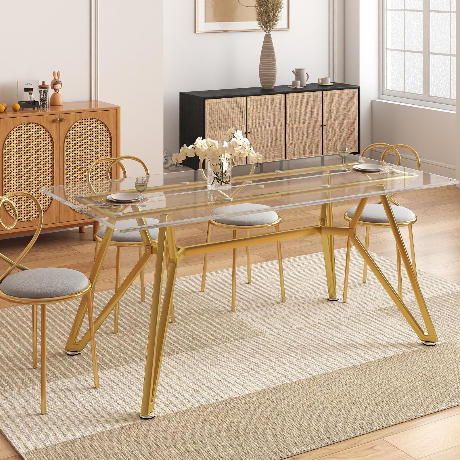 Rovibek 71” Modern Rectangular Dining Table for 6 – Clear Tempered Glass Top Dinning Table with Gold Metal Legs, Includes Table Runner – Ideal for Dining Room, Kitchen, Living Room