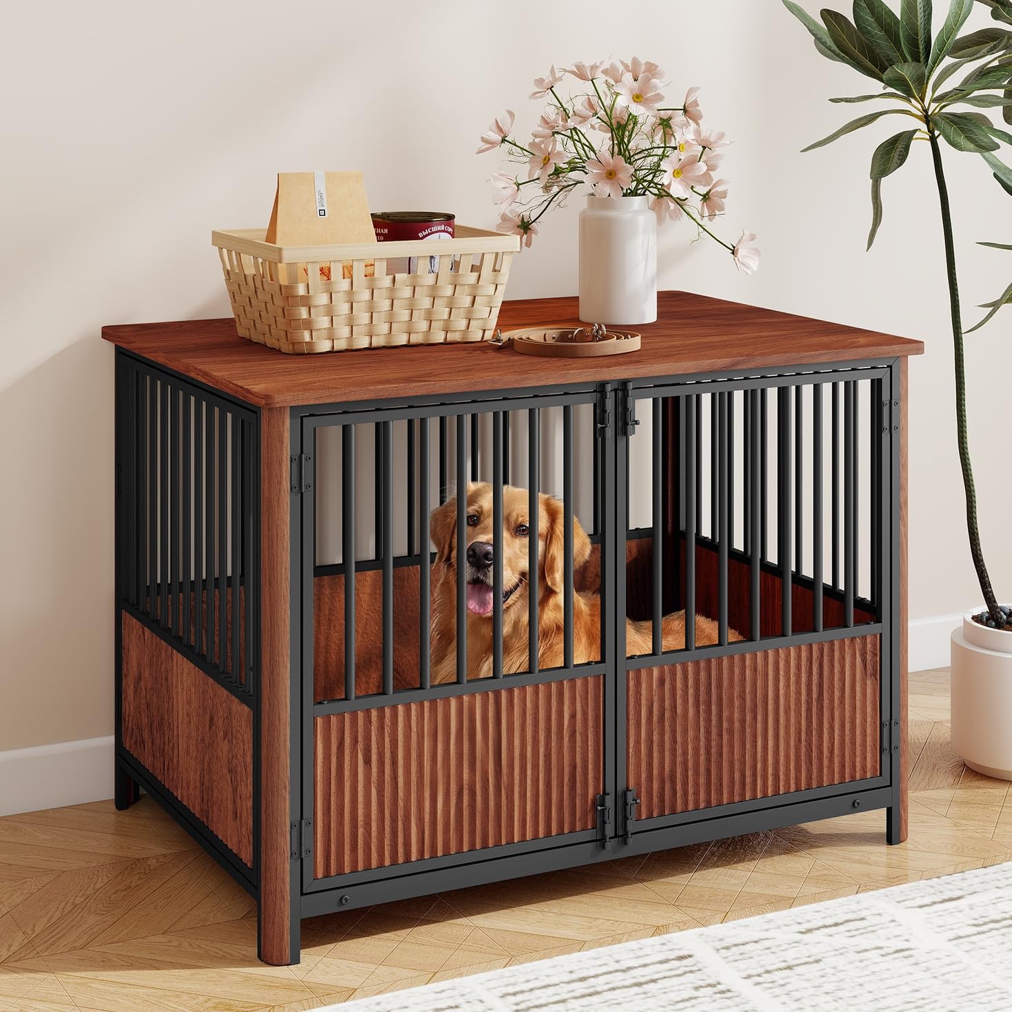 Rovibek 43'' Fluted Dog Crate Furniture, Modern Decorative Dog Crates End Table Indoor with 2 Doors, Wood Dog Furniture Crate for Medium to Large Dogs (43.3" L*30.5" W*30" H, Walnut)