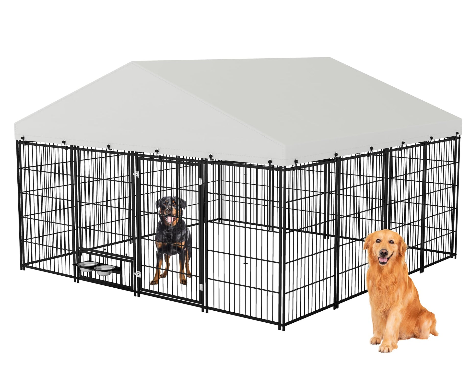 Rovibek 10x10 Ft Outside Dog Kennel with Roof, Large Dog Kennel Outdoor Dogs Cage with 2 Rotating Feeder Bowls, Heavy Duty Dogs Run Enclosure with Waterproof Sun-Proof Cover