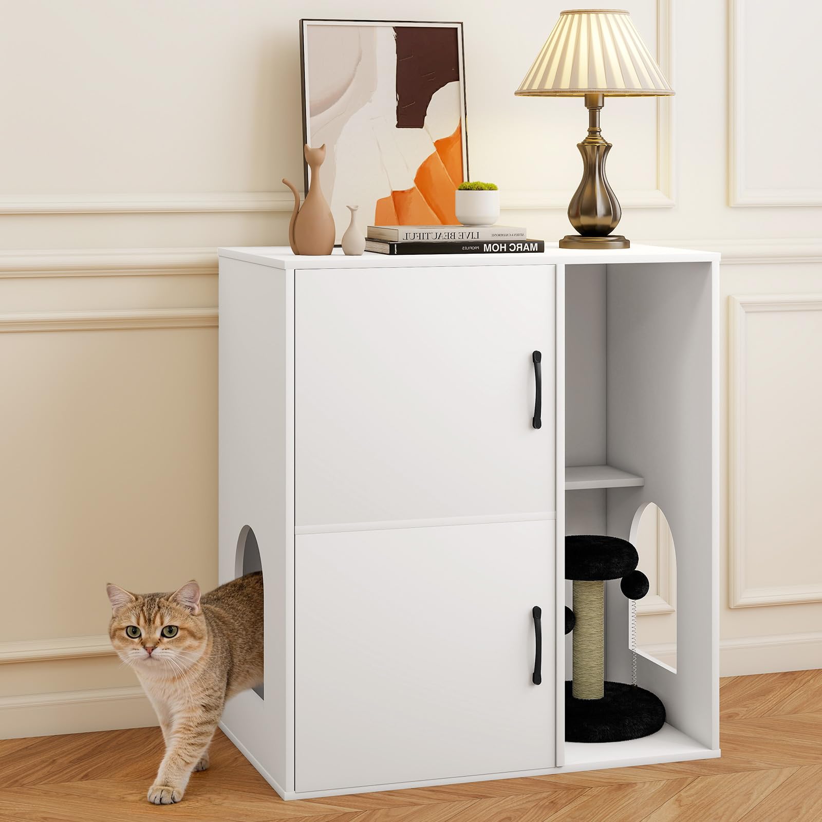 Rovibek Double Cat Litter Box Enclosure, Hidden Litter Box Furniture for 2 Cats with Scratching Post and Storage, Dual cat Litter Cabinet for 2 Litter Boxes, White