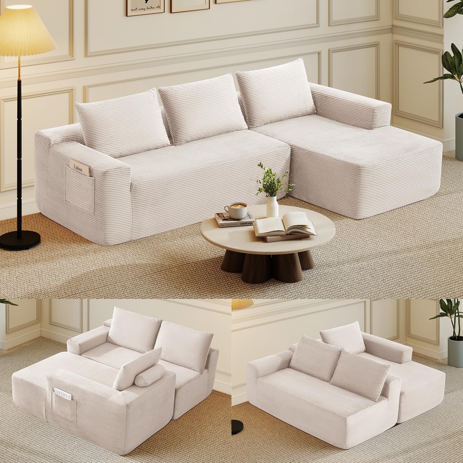 Rovibek 97” Couches for Living Room, Modular Sectional Sofa with Chaise & Deep Seat, Comfy Corduroy Boneless Couch No Assembly Required, White