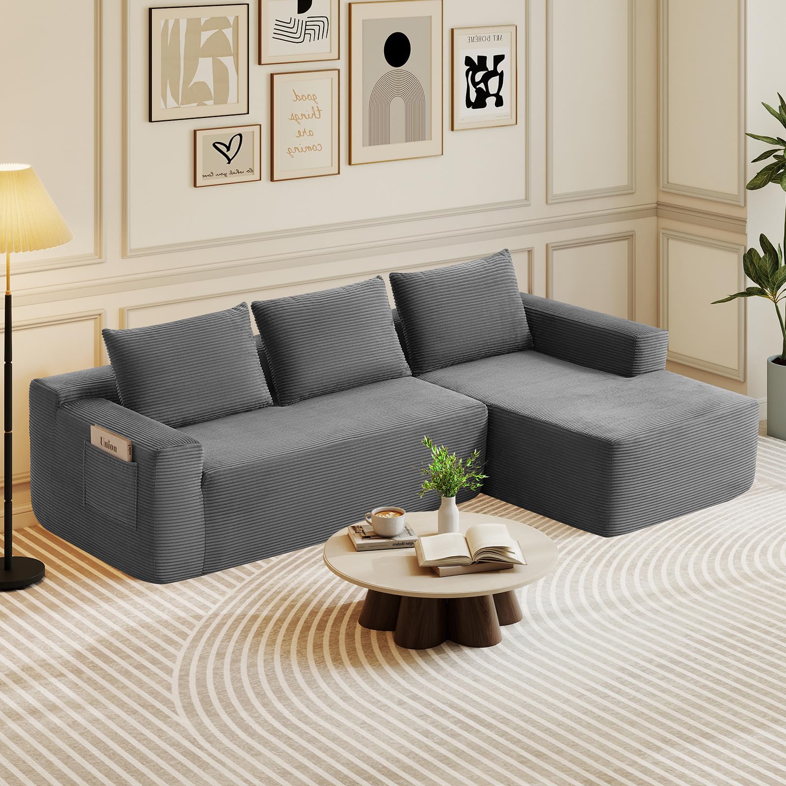 Rovibek 97” Couches for Living Room, Modular Sectional Sofa with Chaise & Deep Seat, L Shaped Grey Corduroy Couch No Assembly Required