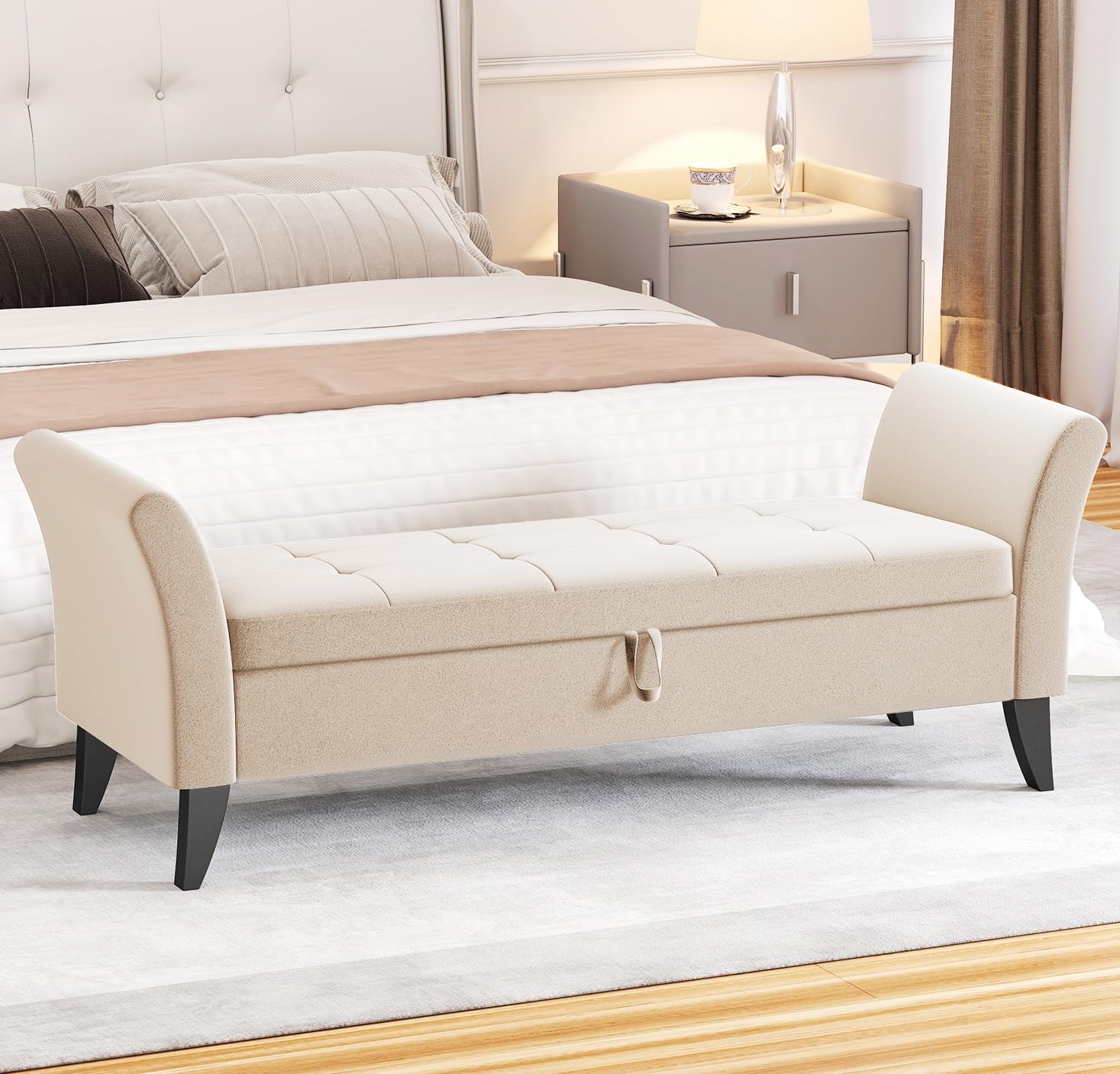 Rovibek 51" Storage Ottoman Bench, Velvet Bedroom End of Bed Bench, Upholstered Window Benches with Solid Wood Legs and Curved Armrests for Bedroom, Living Room, Entryway, Beige