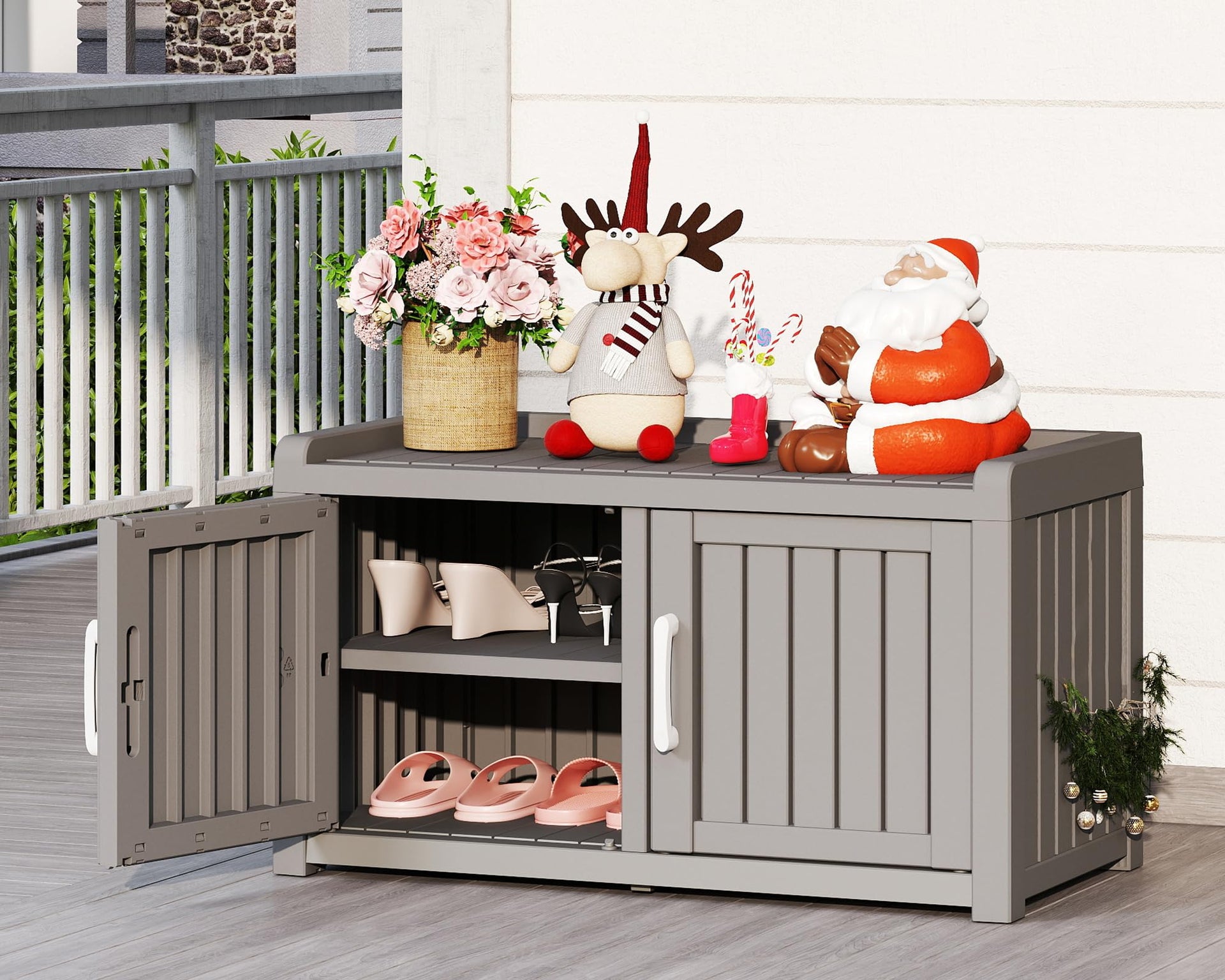 Rovibek Indoor Outdoor Shoe Storage Cabinet for Entryway - Outdoor Shoe Rack Weatherproof with 2 Barn Doors, Waterproof Cabinet for Outside, Porch, Patio, Foyer, Hallway, Grey