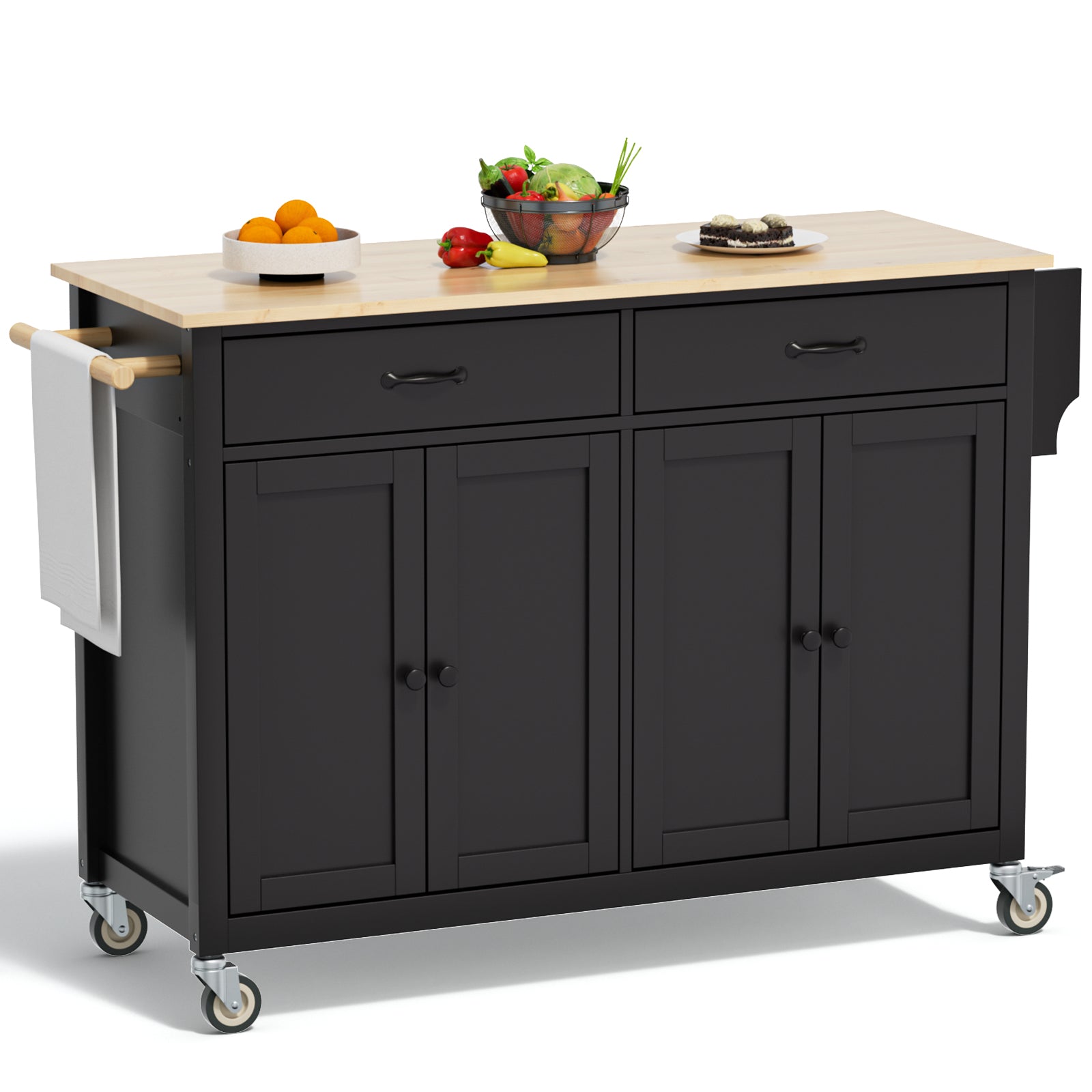 54in Width Black Portable Kitchen Island On Wheels Large Island Rolling Kitchen Island with Storage Drawers Cabinet Spice Rack Towel Rack for Kitchen Dining Room