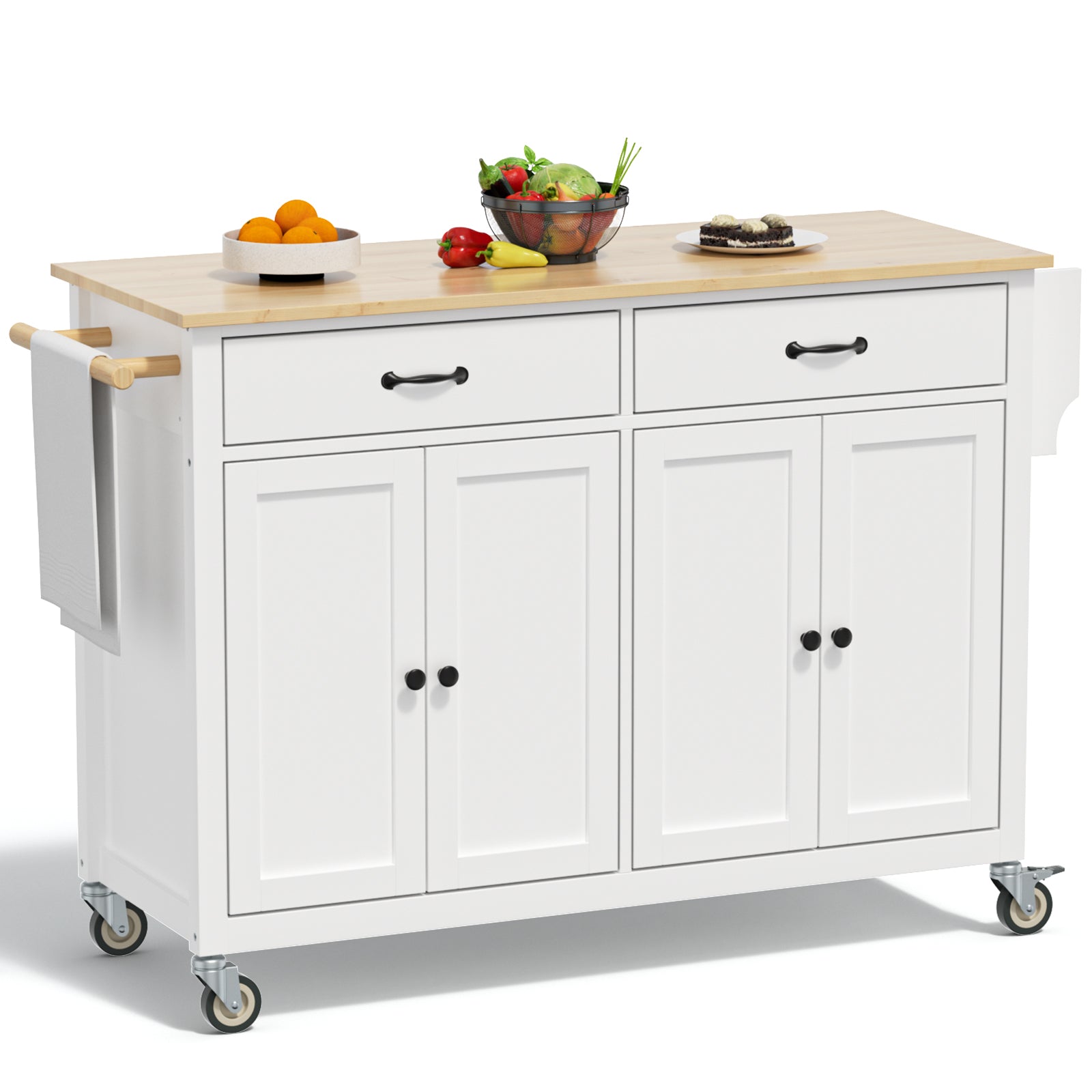 54in Width White Portable Kitchen Island On Wheels Large Island Rolling Kitchen Island with Storage Drawers Cabinet Spice Rack Towel Rack for Kitchen Dining Room