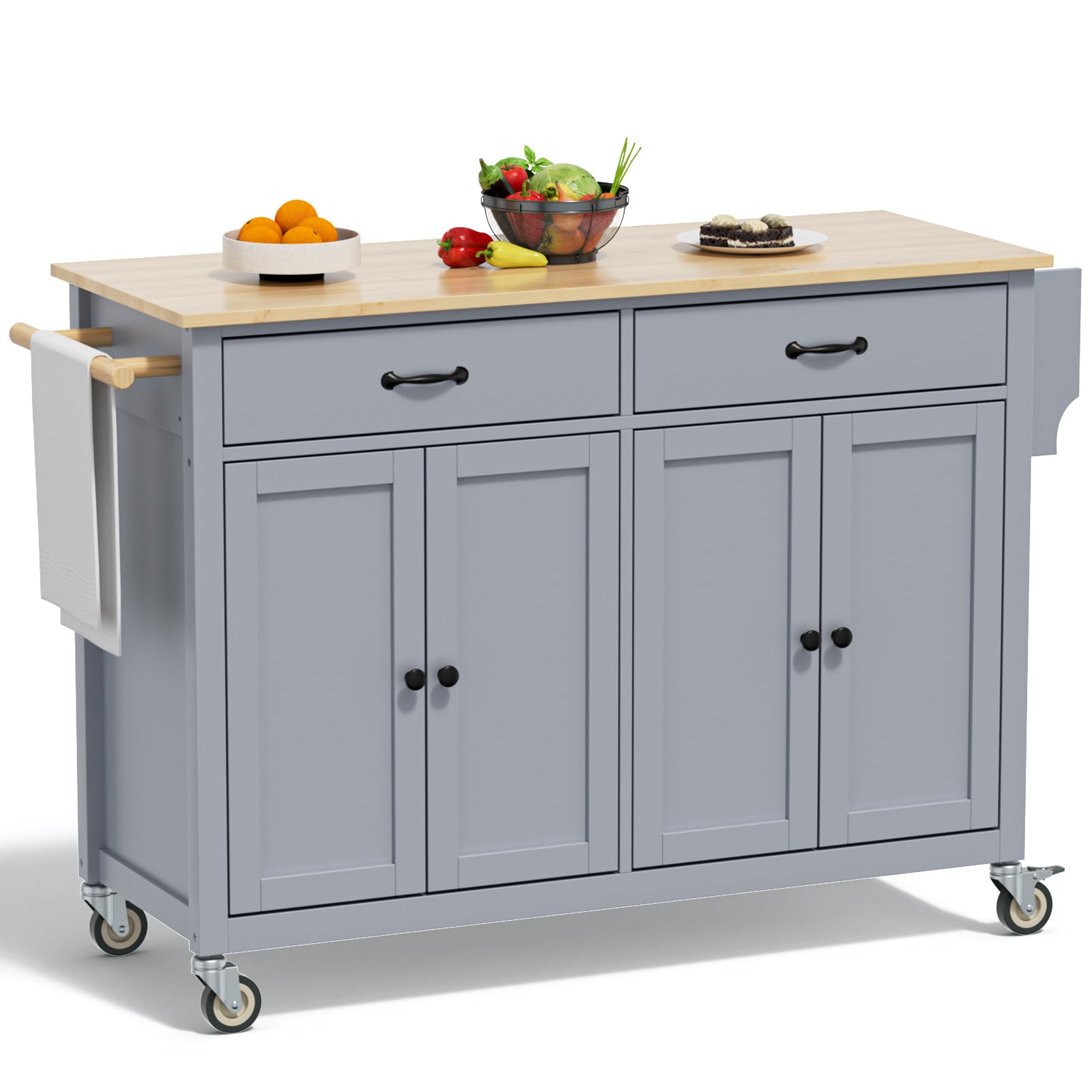 54in Width Grey Portable Kitchen Island On Wheels Large Island Rolling Kitchen Island with Storage Drawers Cabinet Spice Rack Towel Rack for Kitchen Dining Room