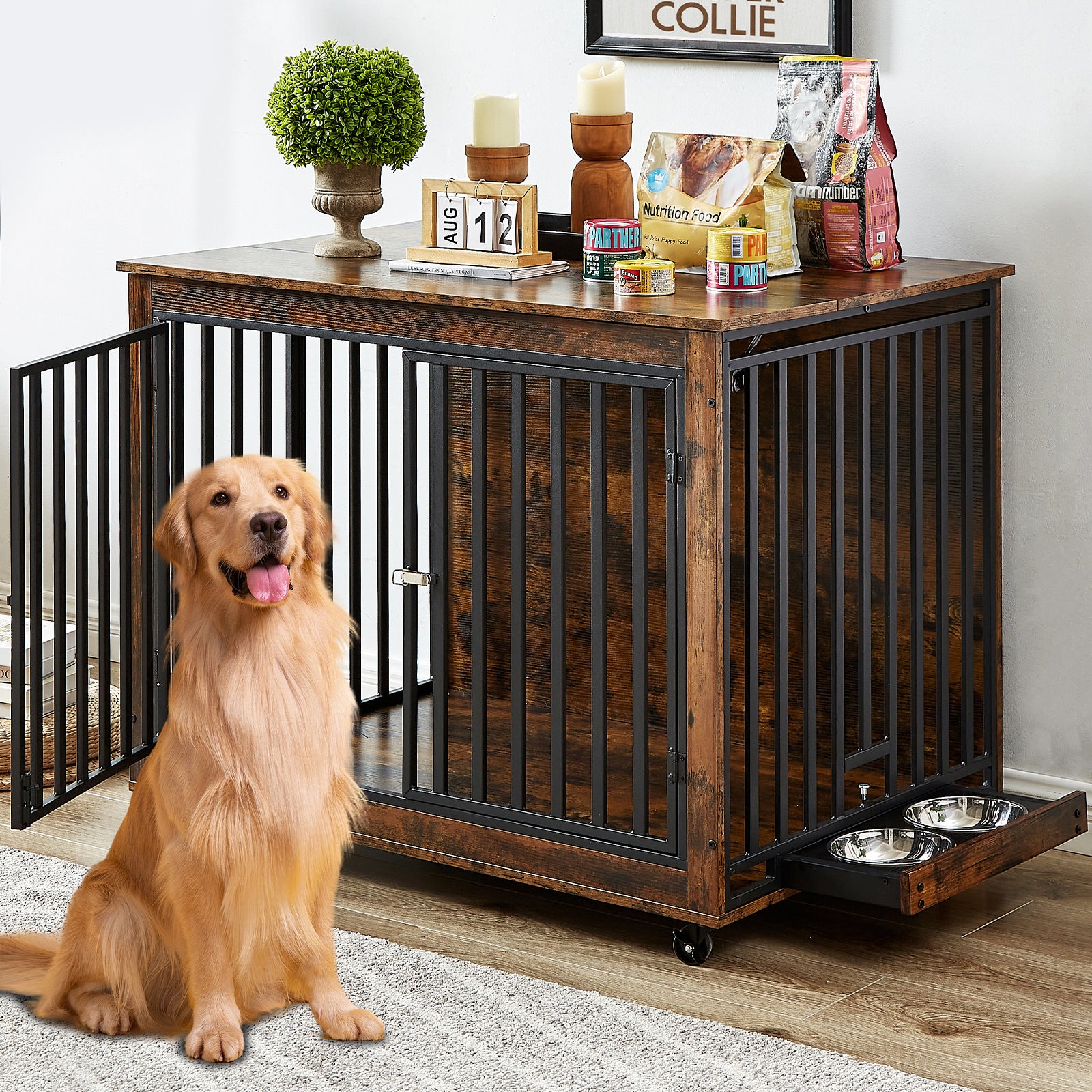 Large Dog Kennel Indoor with 2 Removable Dog Bowls, Large Dog Crate, Dog Crate Furniture for Large Dog/Medium Dog, Flip-Up Top Opening and Wheels, Heavy Duty Dog Crate