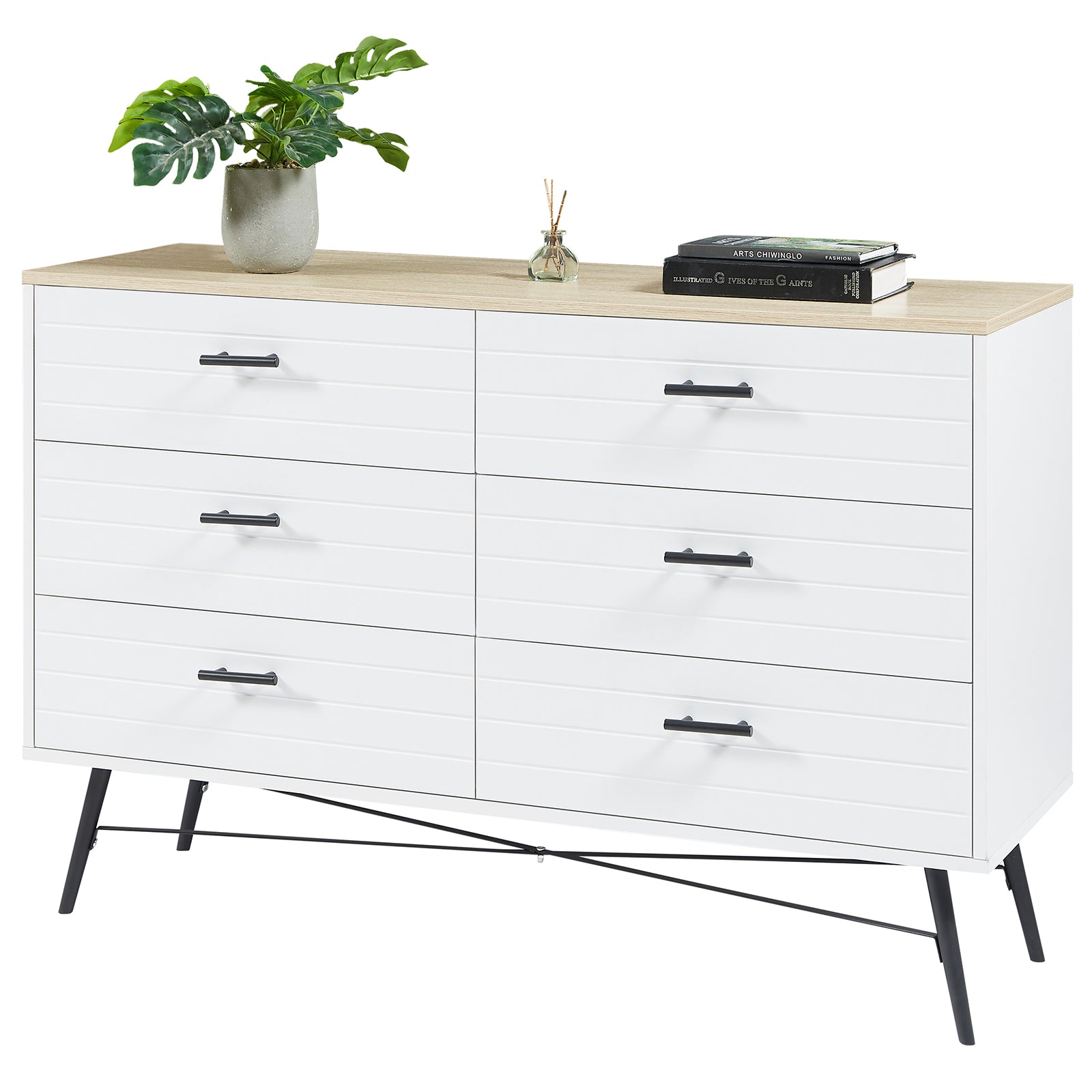 6 Drawer White Large Dresser for Bedroom Wooden, Modern Deep Chest of Drawers TV Stand, Wide Cabinet Organizer for Room, Hallway, Entryway