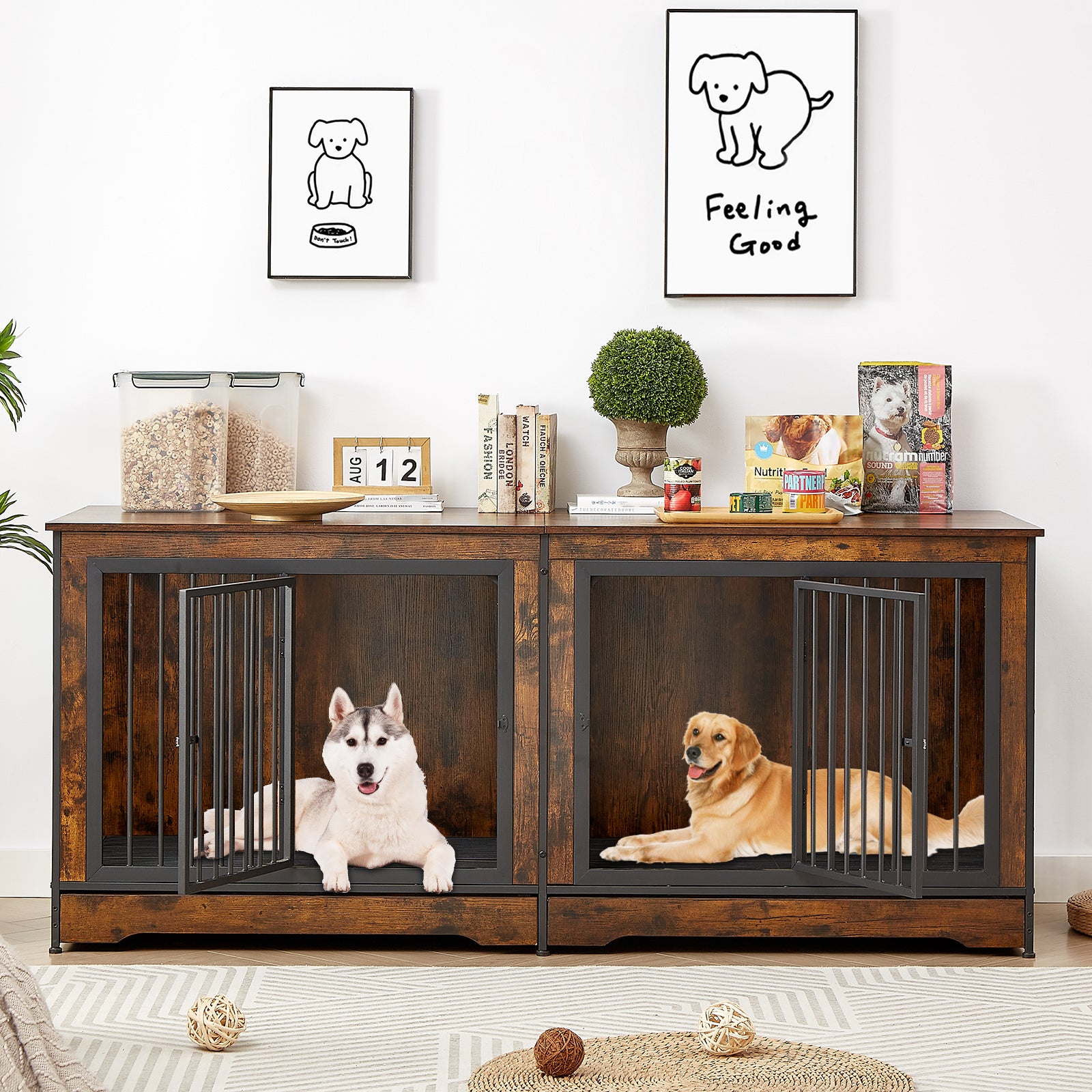75 Inch Double Dog Crate Furniture for 2 Large Dogs, Furniture Style Dog Crate End Table, Wood Crates for Dogs Kennel Indoor, Heavy Duty Dog Crate, Decorative Dog Crate with Double Door