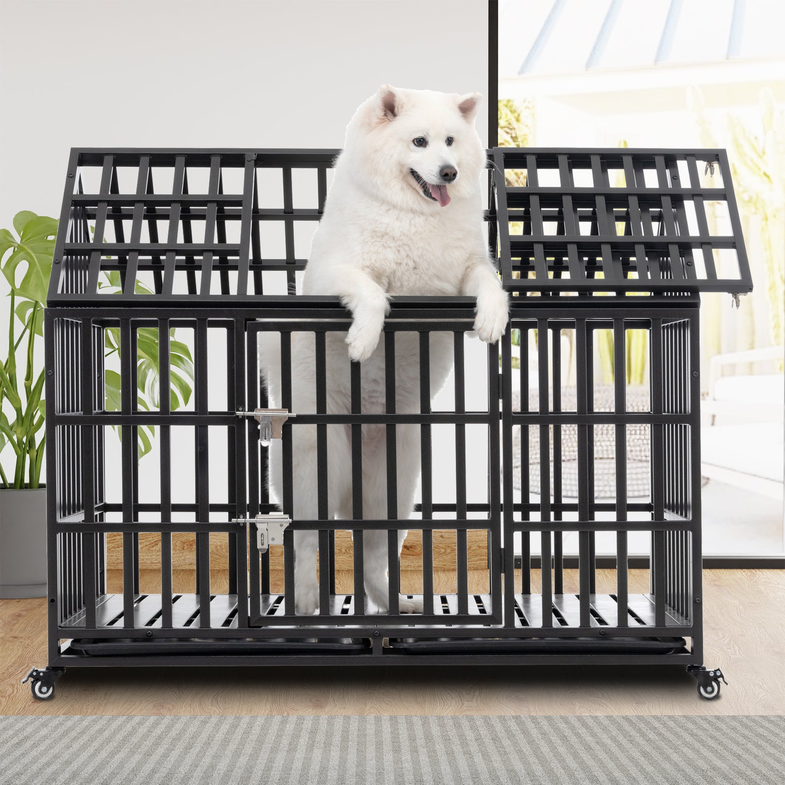 52 Inch, Heavy Duty Dog Crate, Escape Proof Dog Crate for Large/Extra Large Dogs,  Dog Kennel Indoor with Lockable Wheels, Indestructible Dog Crate with Removable Trays