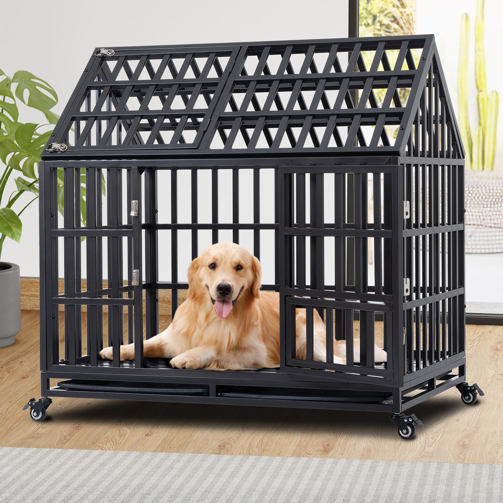 43 Inch Heavy Duty Dog Kennel, Escape Proof Dog Crate for Large/Medium Dogs, Indestructible Dog Crate with Trays, Feeding Door, High Anxiety Dog Crate, Dog Kennel Indoor with Lockable Wheels