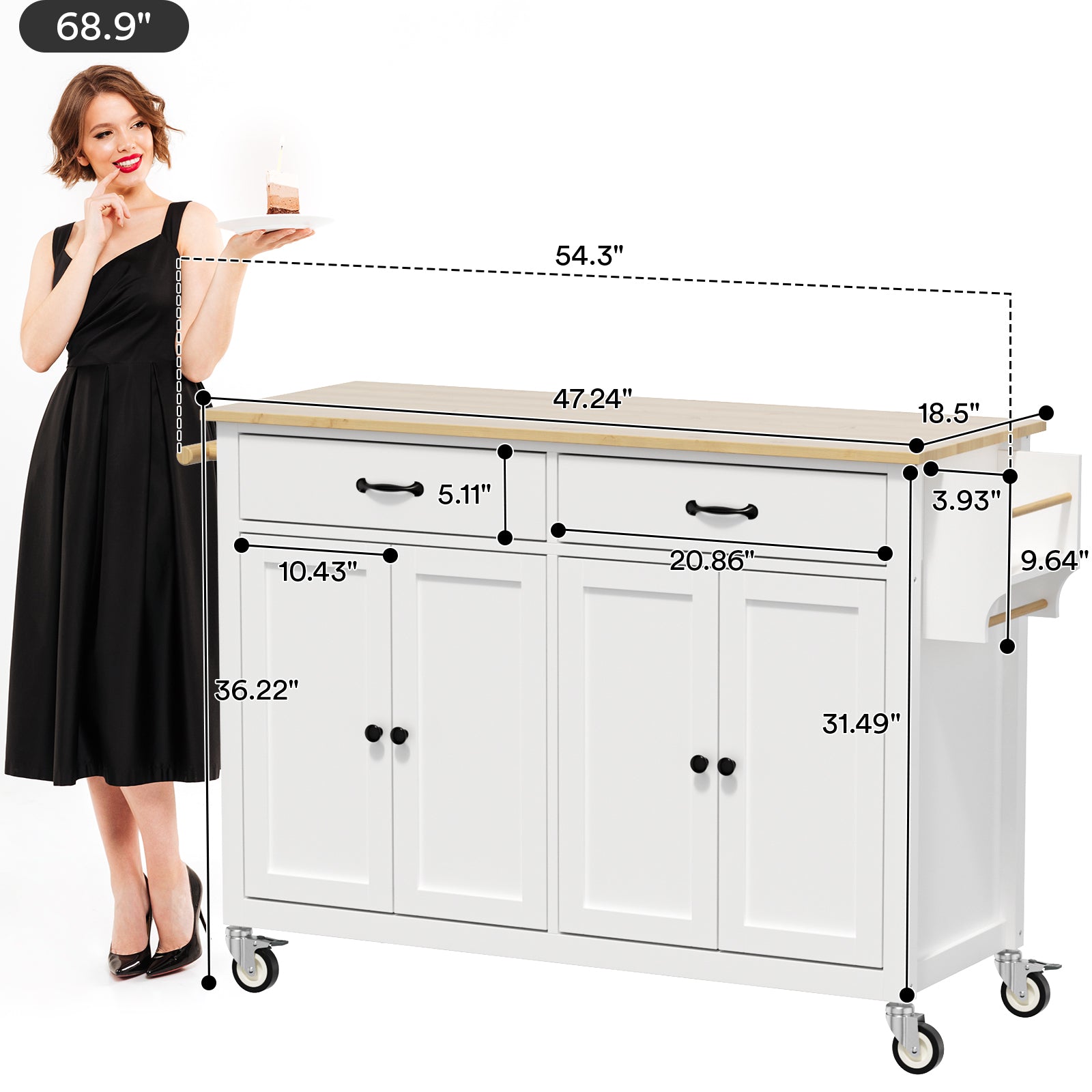 54in Width White Portable Kitchen Island On Wheels Large Island Rolling Kitchen Island with Storage Drawers Cabinet Spice Rack Towel Rack for Kitchen Dining Room