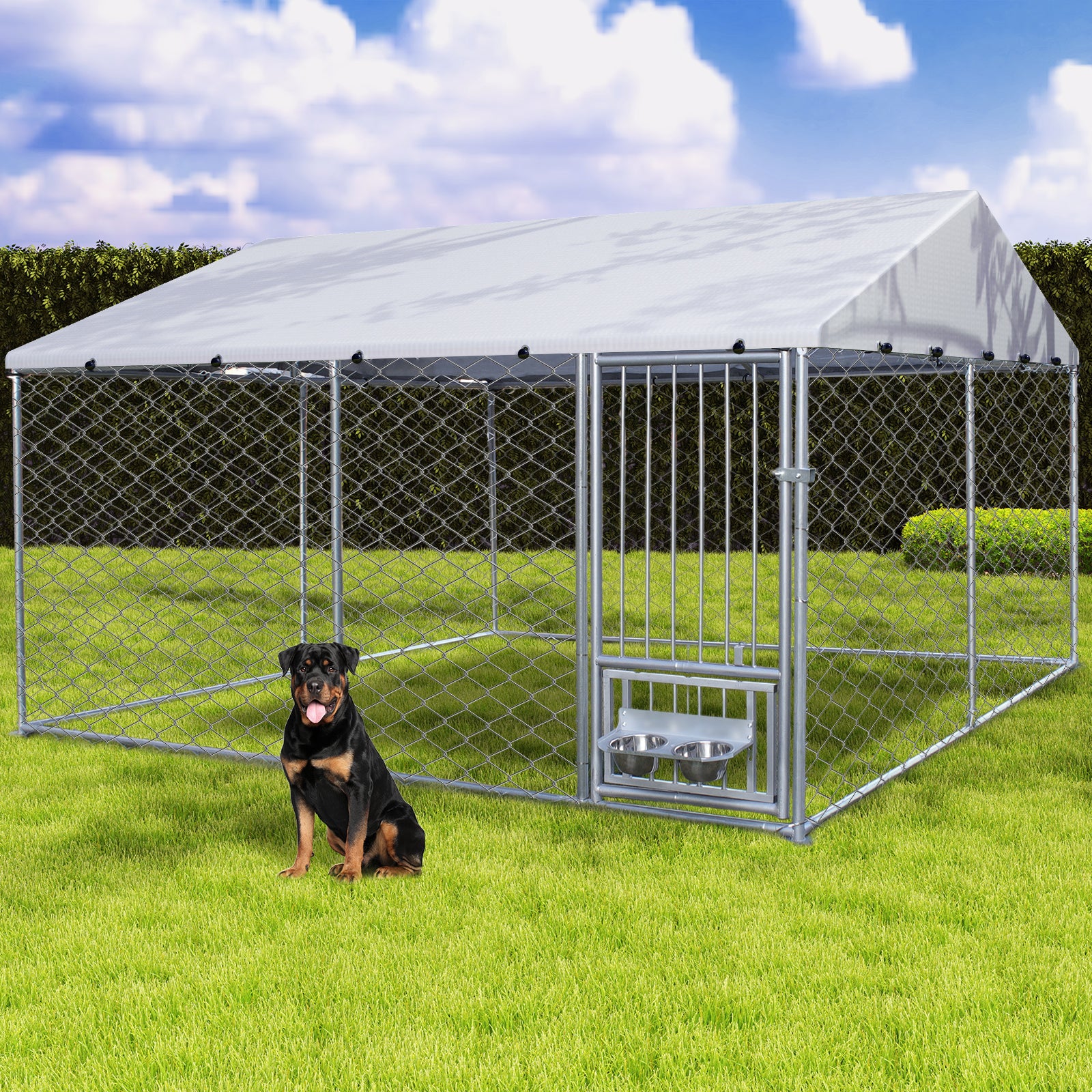 Outside Dog Kennel Heavy Duty Dog Run Fence Large Outdoor Dog Kennel with Roof with Waterproof UV-Resistant Cover and 2 Stainless Steel Dog Bowl