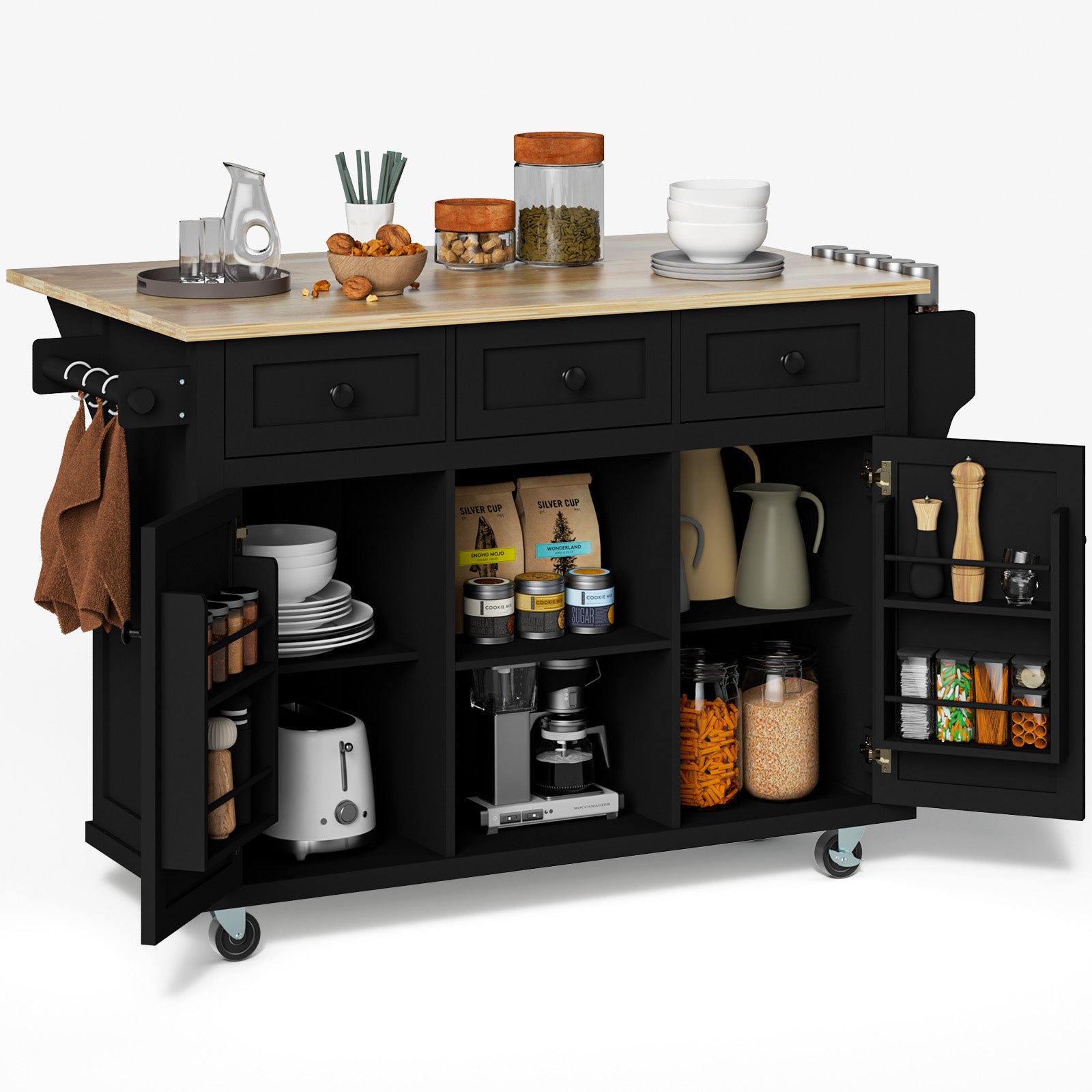 53in Wood Portable Kitchen Islands Rolling Kitchen Island With Drop Leaf Kitchen Island On Wheels With Storage Large  with Drawers Cabinet Spice Towel Rack Storage for Kitchen