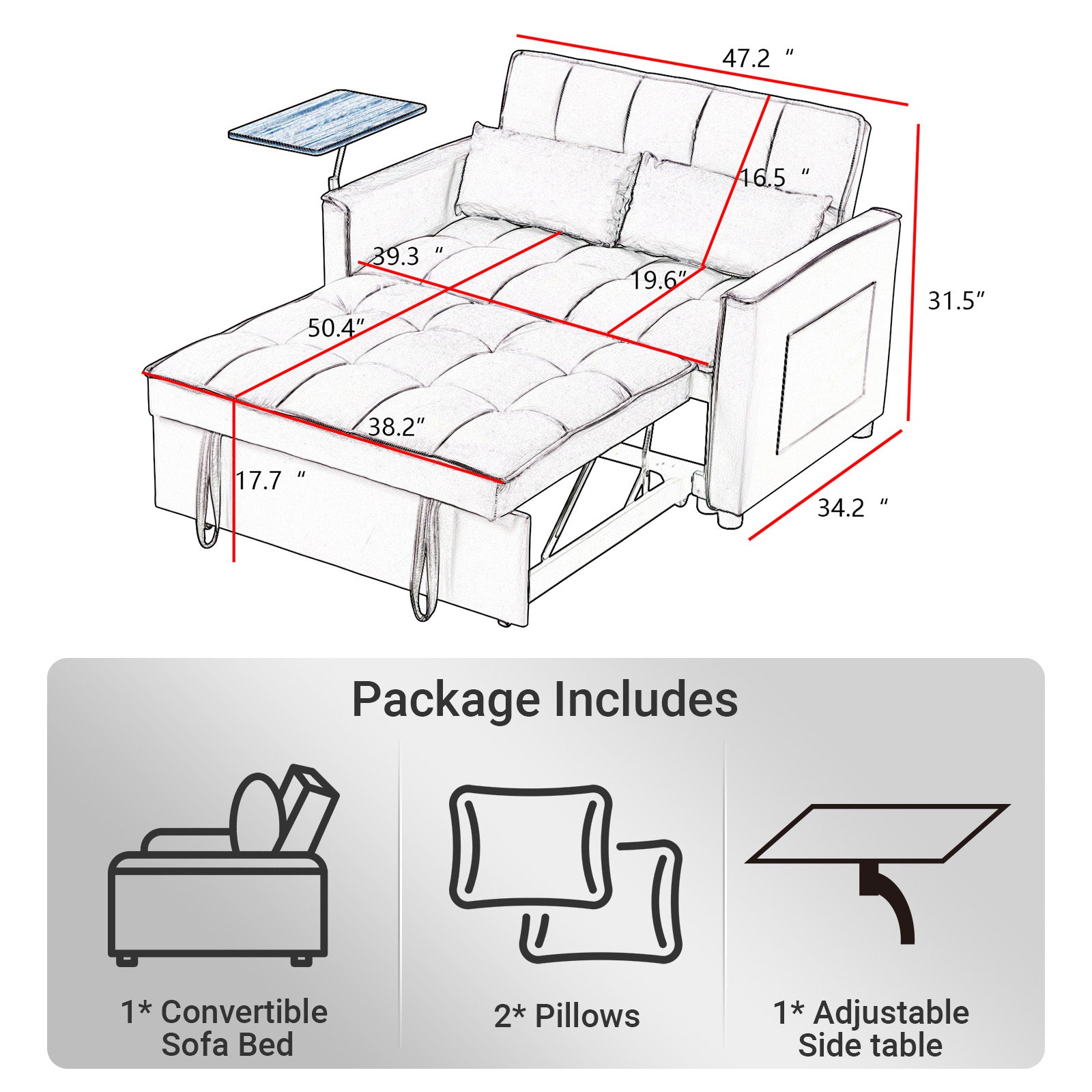 3 in 1 Sleeper Sofa Couch Bed with Side Table 2 Pillows Pull Out Sofa Bed with Adjustable Backrest Convertible Futon Loveseat Velvet 2 Seat Lounge Grey for Living Room