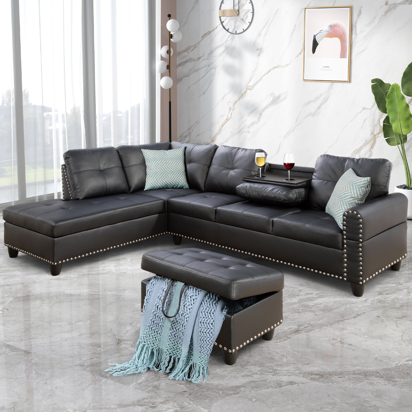 L Shaped Sectional Couch with Ottoman and Pillows L Sofa with 2 Cup Holders Design Living Room Furniture Sets for Apartment, Office