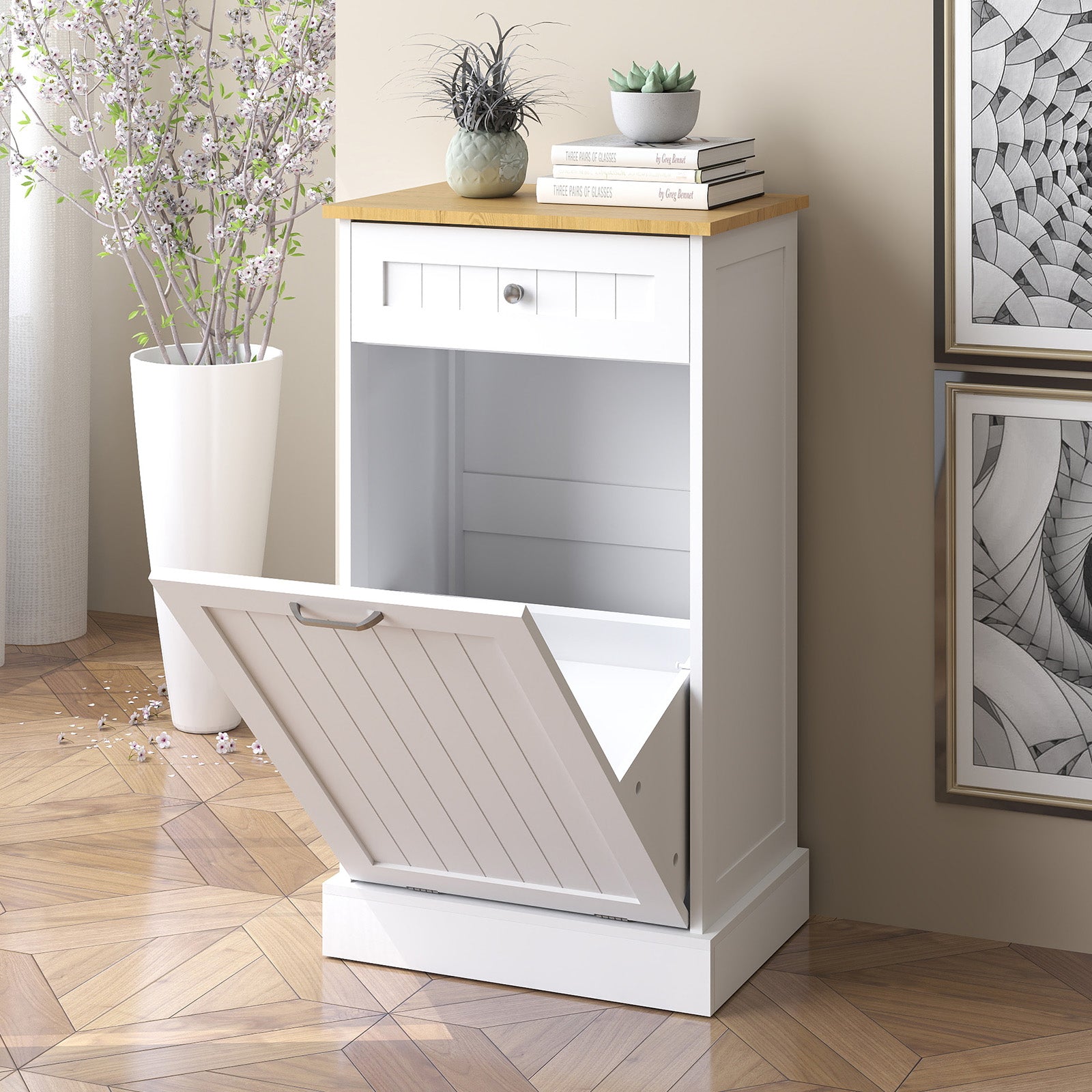 Single Trash Cabinet Multifunctional Hidden Garbage Can for Kitchen Tilt Out Trash Cabinet with Storage Drawer Bathroom, Laundry and Living Room